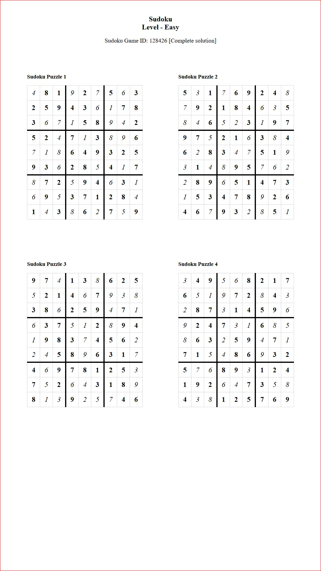 Solution of Sudoku Puzzles 4 per Page Easy Level pdf [Game ID: 128426] Document