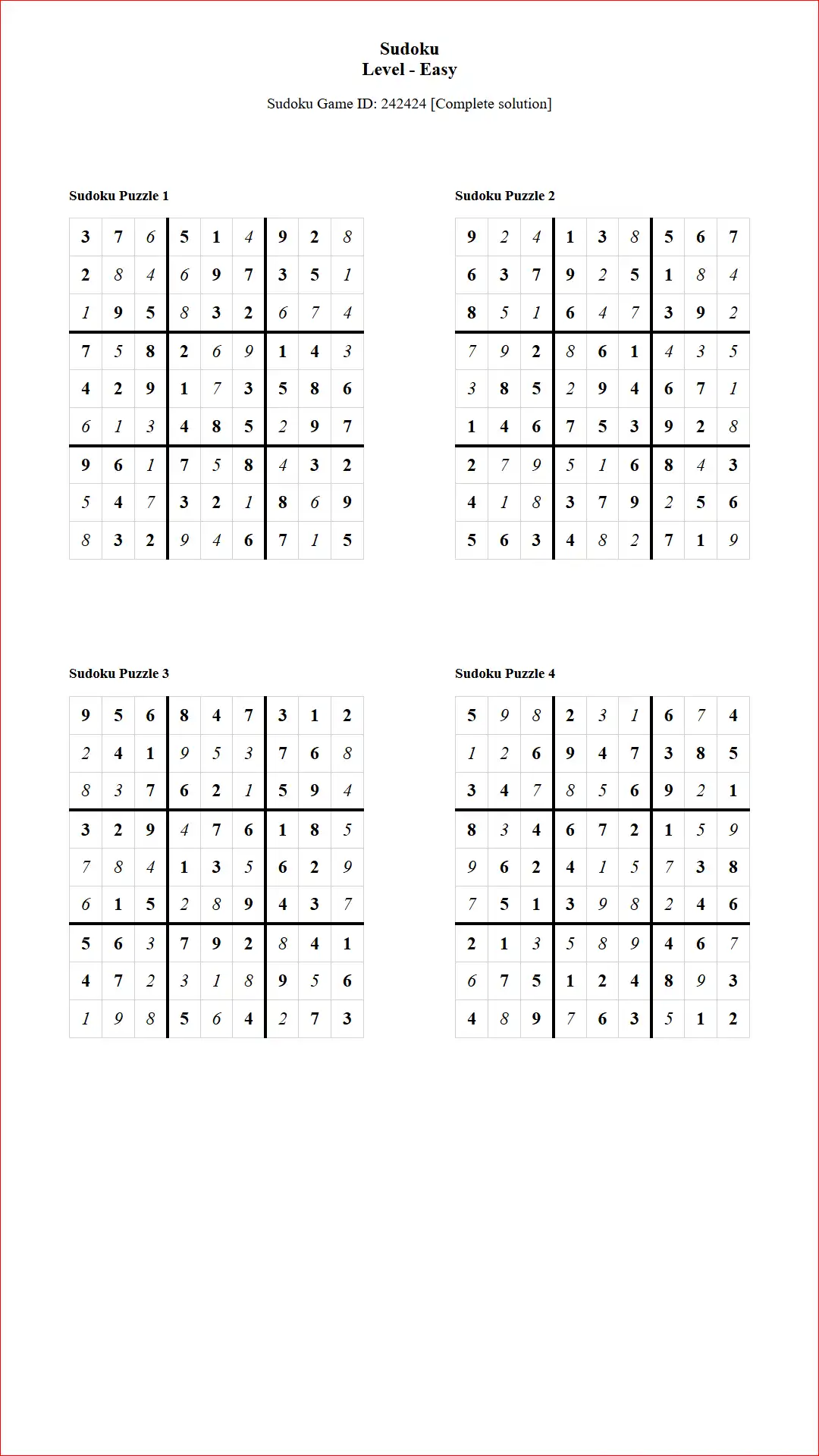 Solution of Sudoku Puzzles 4 per Page Easy Level pdf [Game ID: 242424] Document