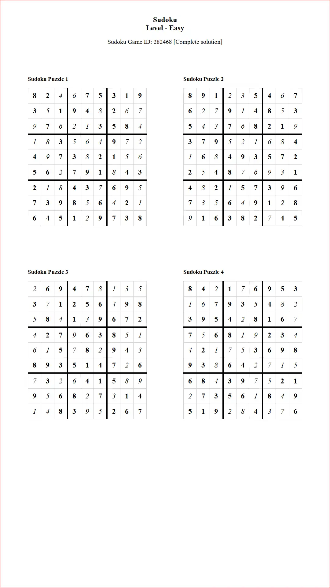 Solution of Sudoku Puzzles 4 per Page Easy Level pdf [Game ID: 282468] Document