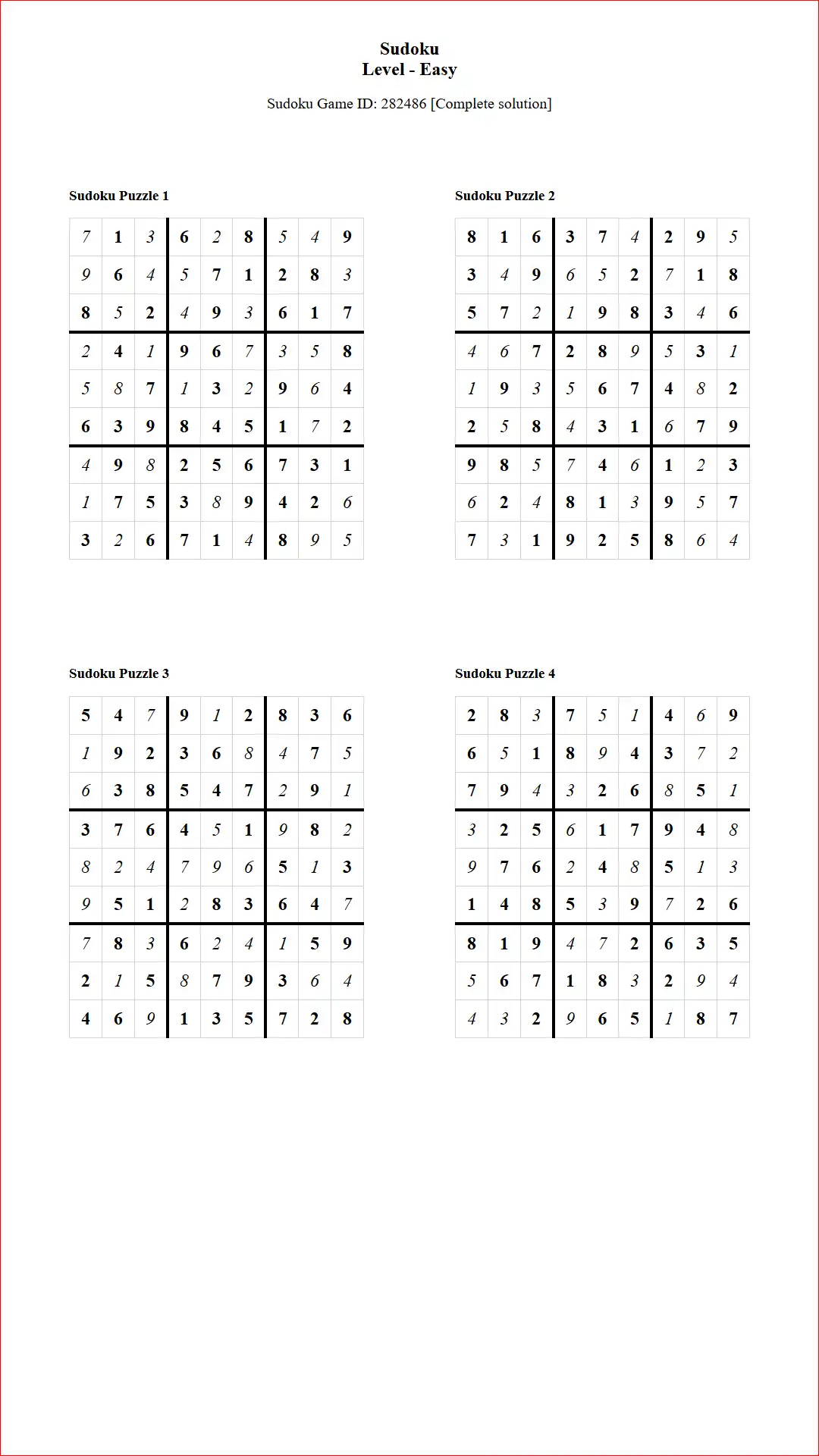 Solution of Sudoku Puzzles 4 per Page Easy Level pdf [Game ID: 282486] Document