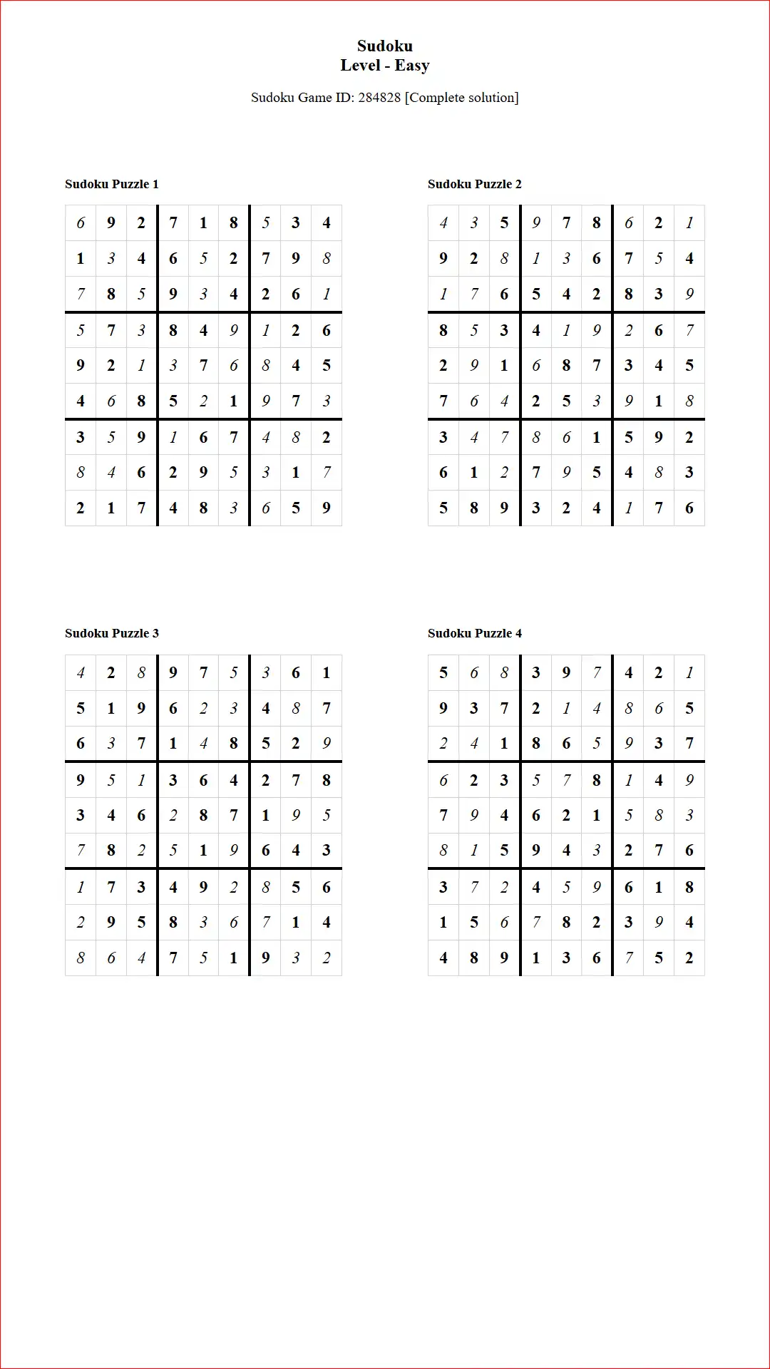 Solution of Sudoku Puzzles 4 per Page Easy Level pdf [Game ID: 284828] Document