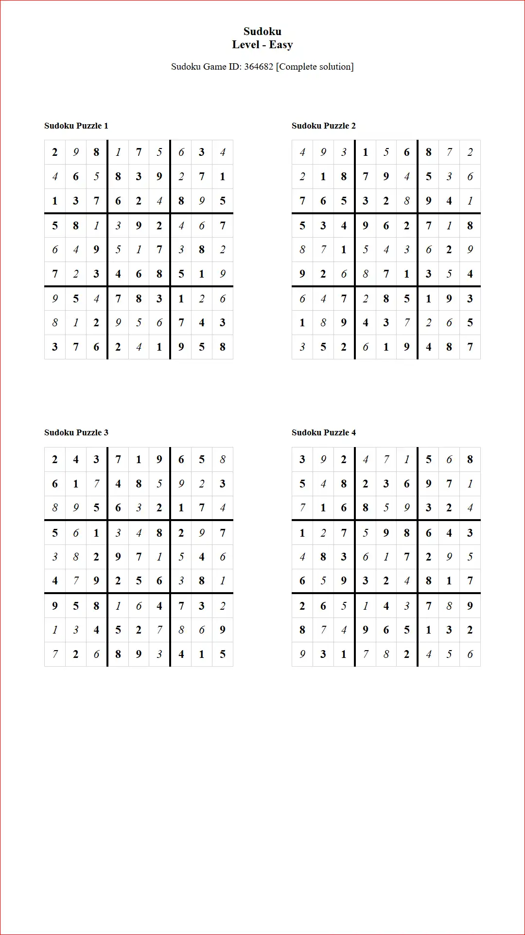 Solution of Sudoku Puzzles 4 per Page Easy Level pdf [Game ID: 364682] Document