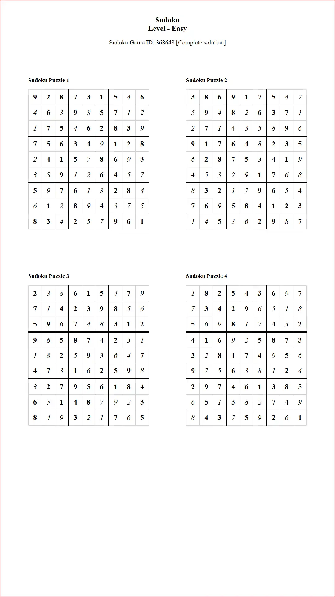 Solution of Sudoku Puzzles 4 per Page Easy Level pdf [Game ID: 368648] Document