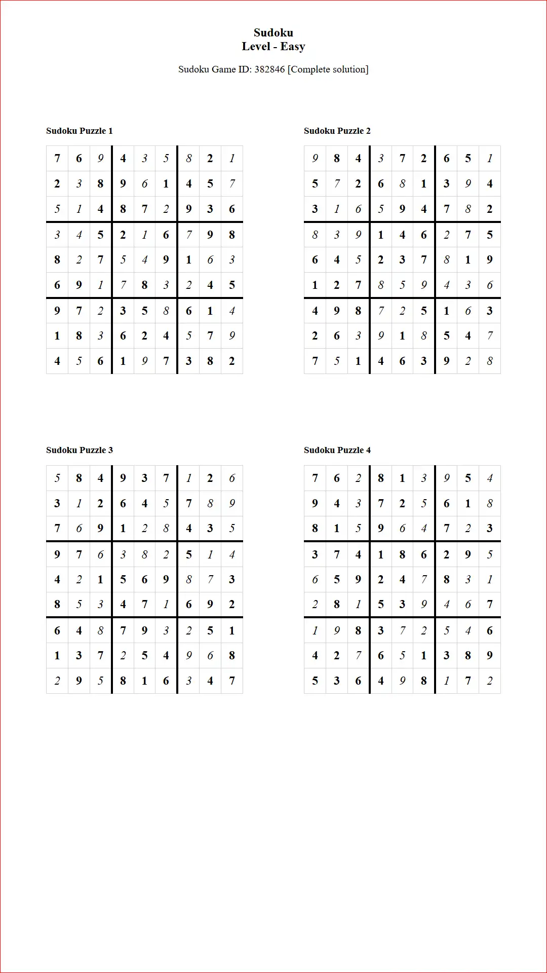 Solution of Sudoku Puzzles 4 per Page Easy Level pdf [Game ID: 382846] Document
