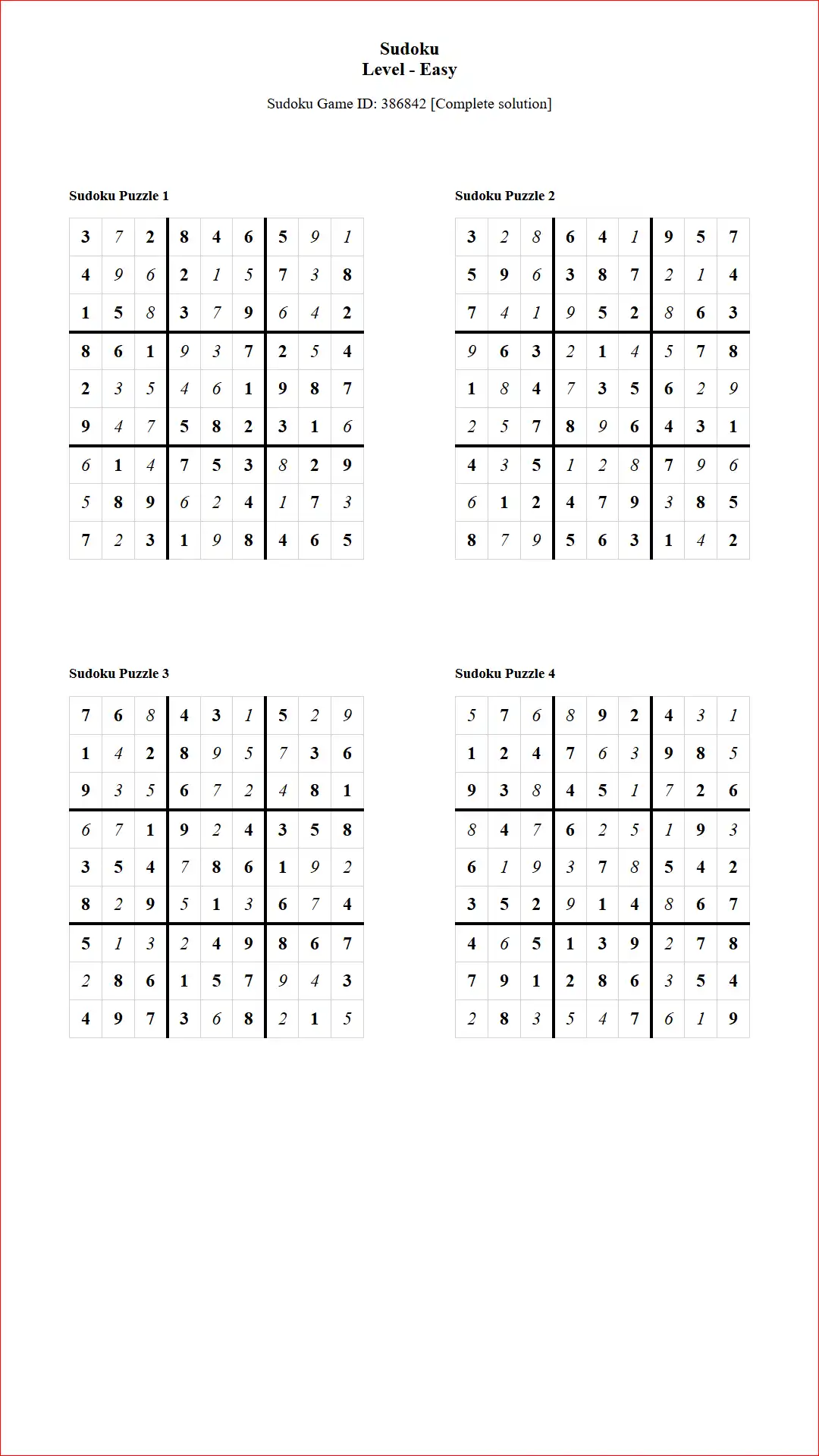 Solution of Sudoku Puzzles 4 per Page Easy Level pdf [Game ID: 386842] Document