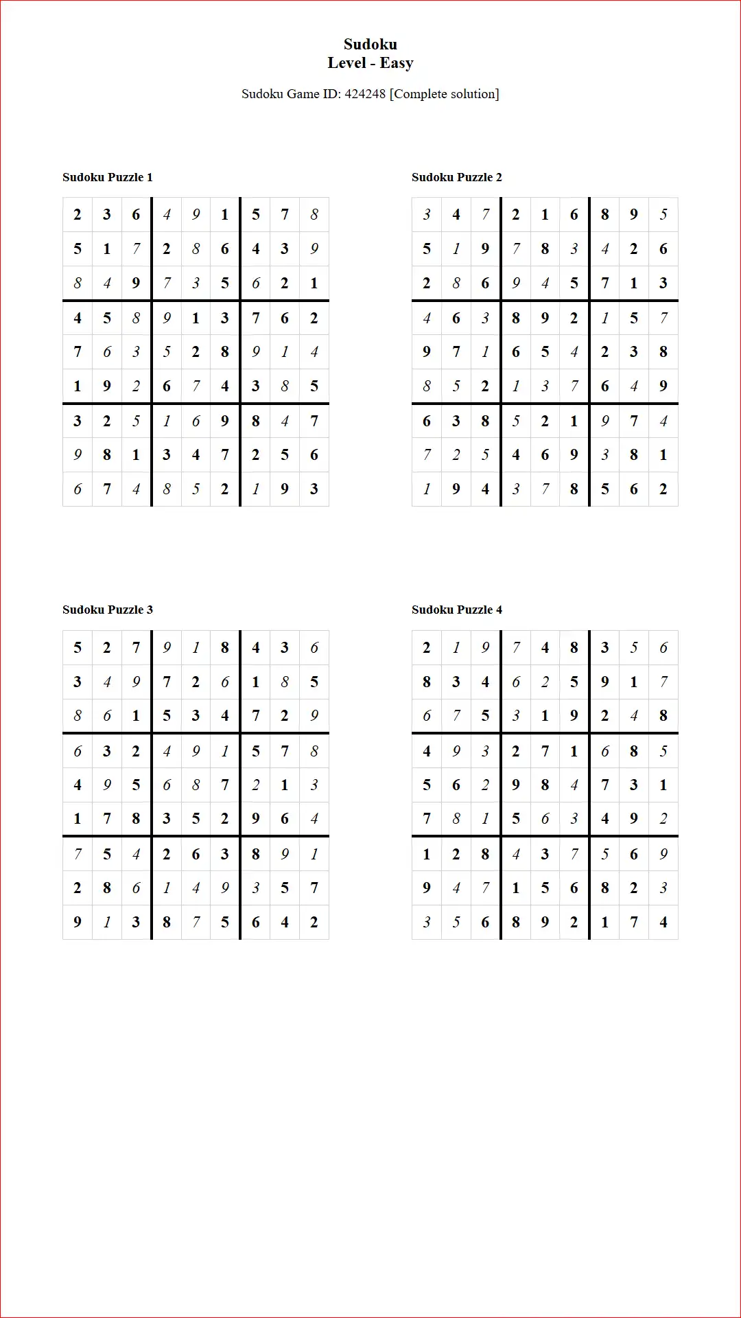 Solution of Sudoku Puzzles 4 per Page Easy Level pdf [Game ID: 424248] Document