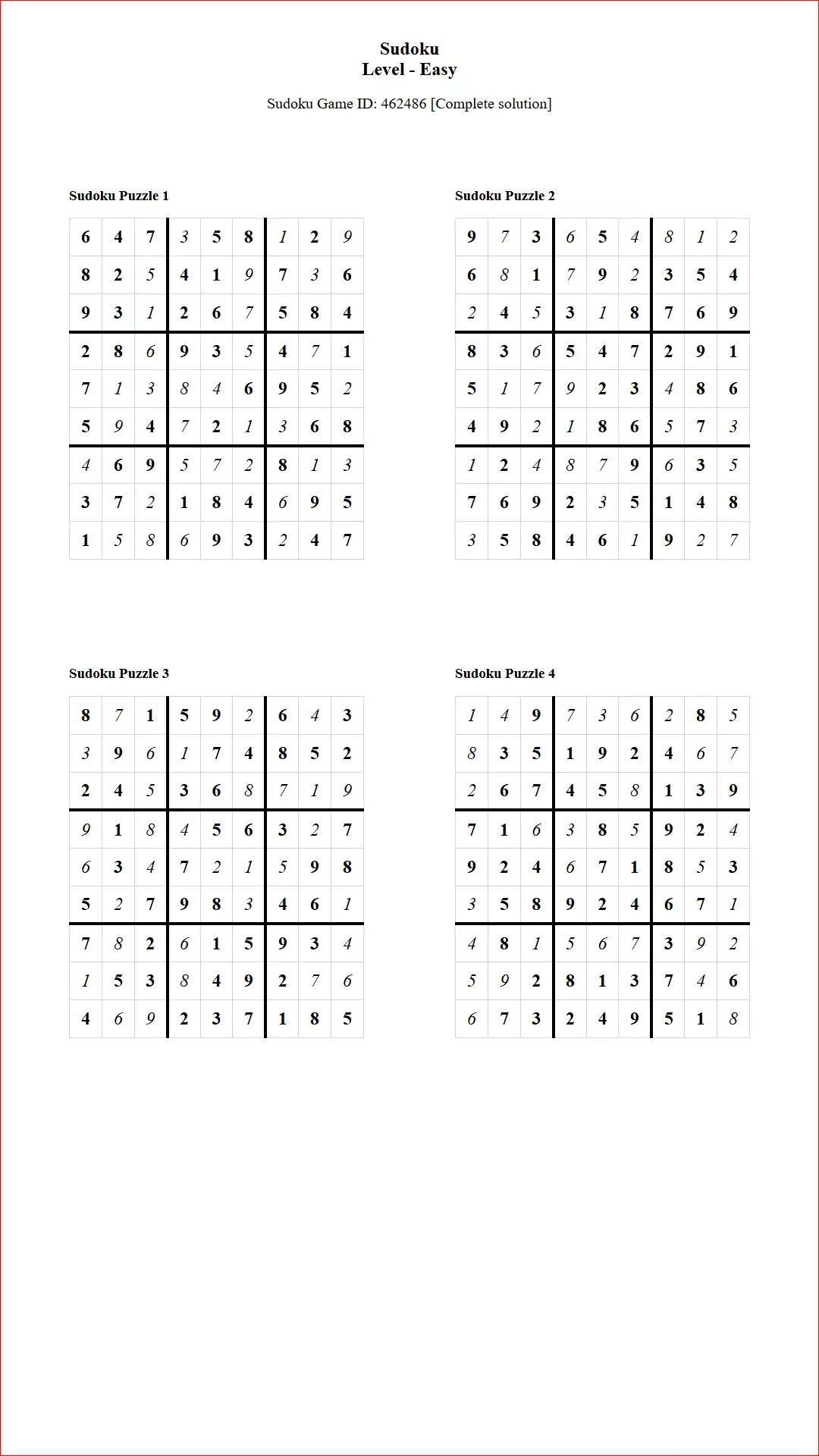 Solution of Sudoku Puzzles 4 per Page Easy Level pdf [Game ID: 462486] Document