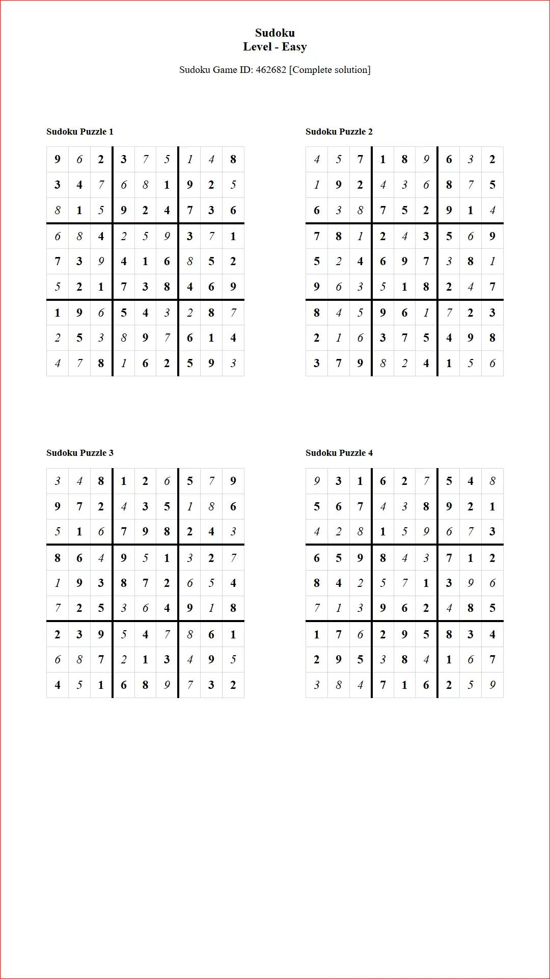 Solution of Sudoku Puzzles 4 per Page Easy Level pdf [Game ID: 462682] Document