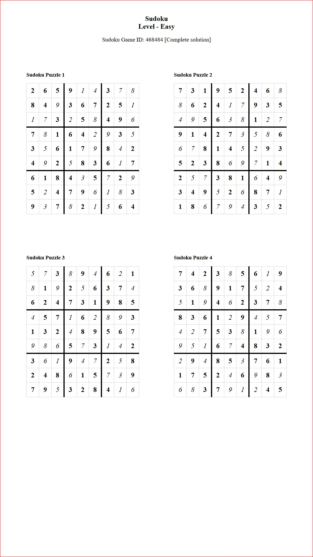 Solution of Sudoku Puzzles 4 per Page Easy Level pdf [Game ID: 468484] Document