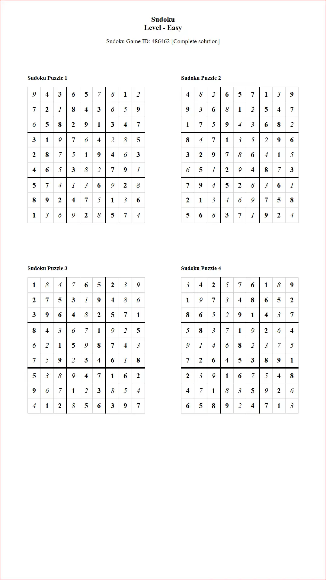 Solution of Sudoku Puzzles 4 per Page Easy Level pdf [Game ID: 486462] Document