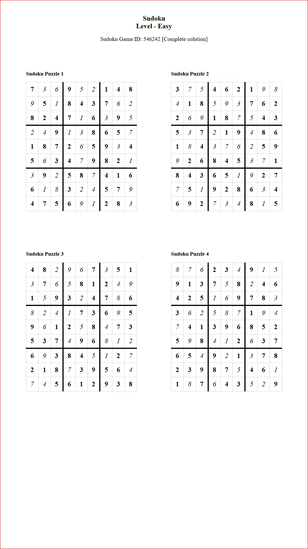 Solution of Sudoku Puzzles 4 per Page Easy Level pdf [Game ID: 546242] Document