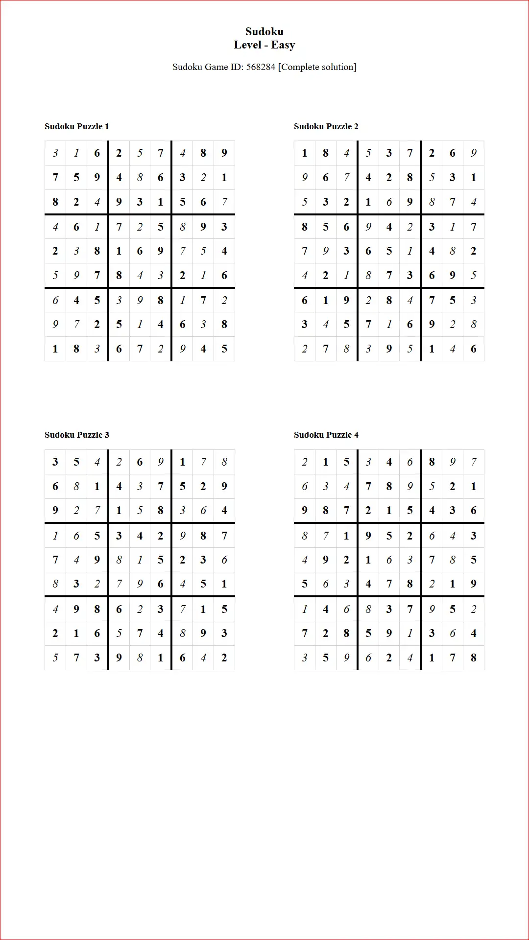 Solution of Sudoku Puzzles 4 per Page Easy Level pdf [Game ID: 568284] Document