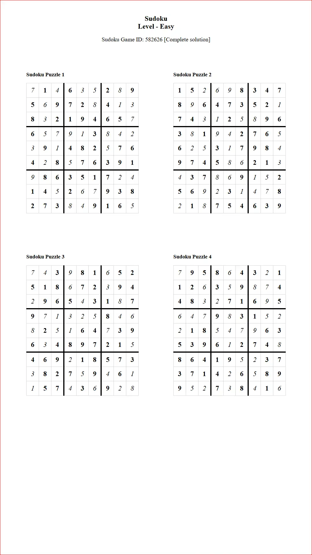 Solution of Sudoku Puzzles 4 per Page Easy Level pdf [Game ID: 582626] Document