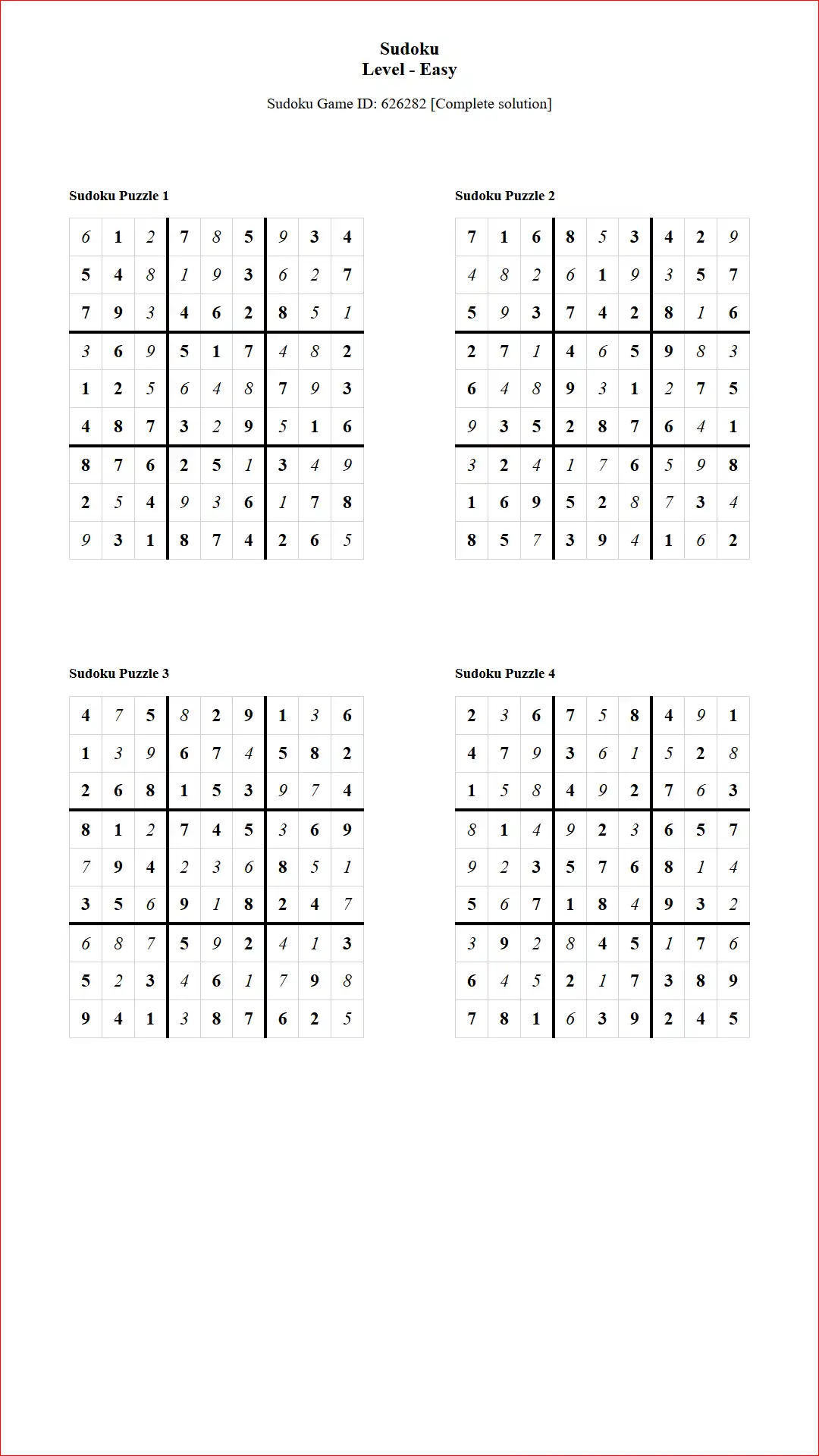 Solution of Sudoku Puzzles 4 per Page Easy Level pdf [Game ID: 626282] Document