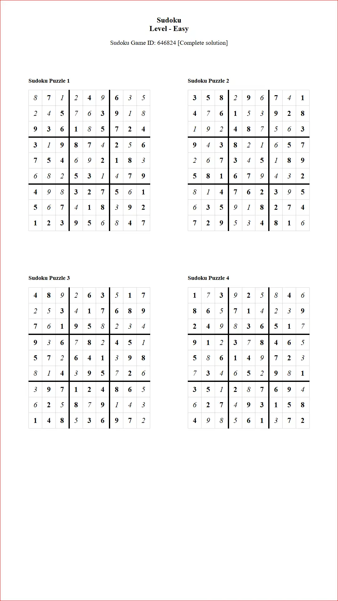 Solution of Sudoku Puzzles 4 per Page Easy Level pdf [Game ID: 646824] Document