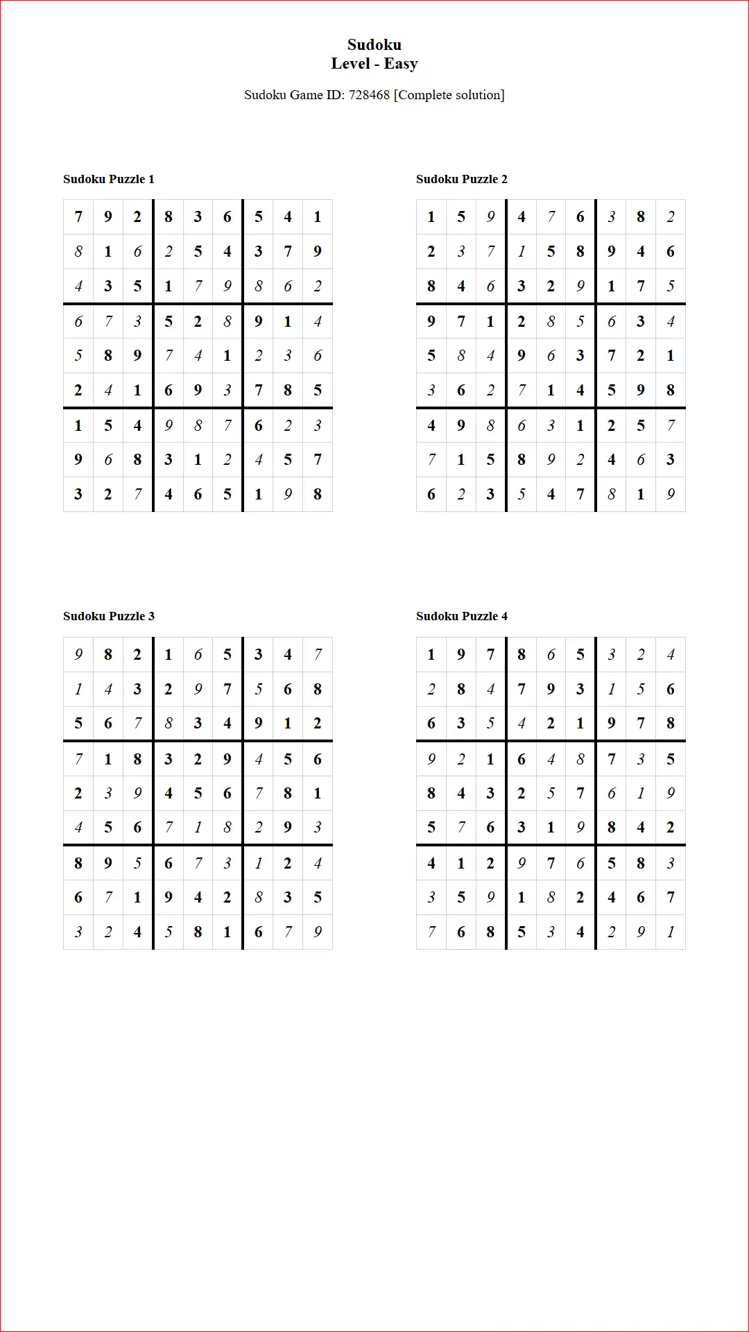 Solution of Sudoku Puzzles 4 per Page Easy Level pdf [Game ID: 728468] Document
