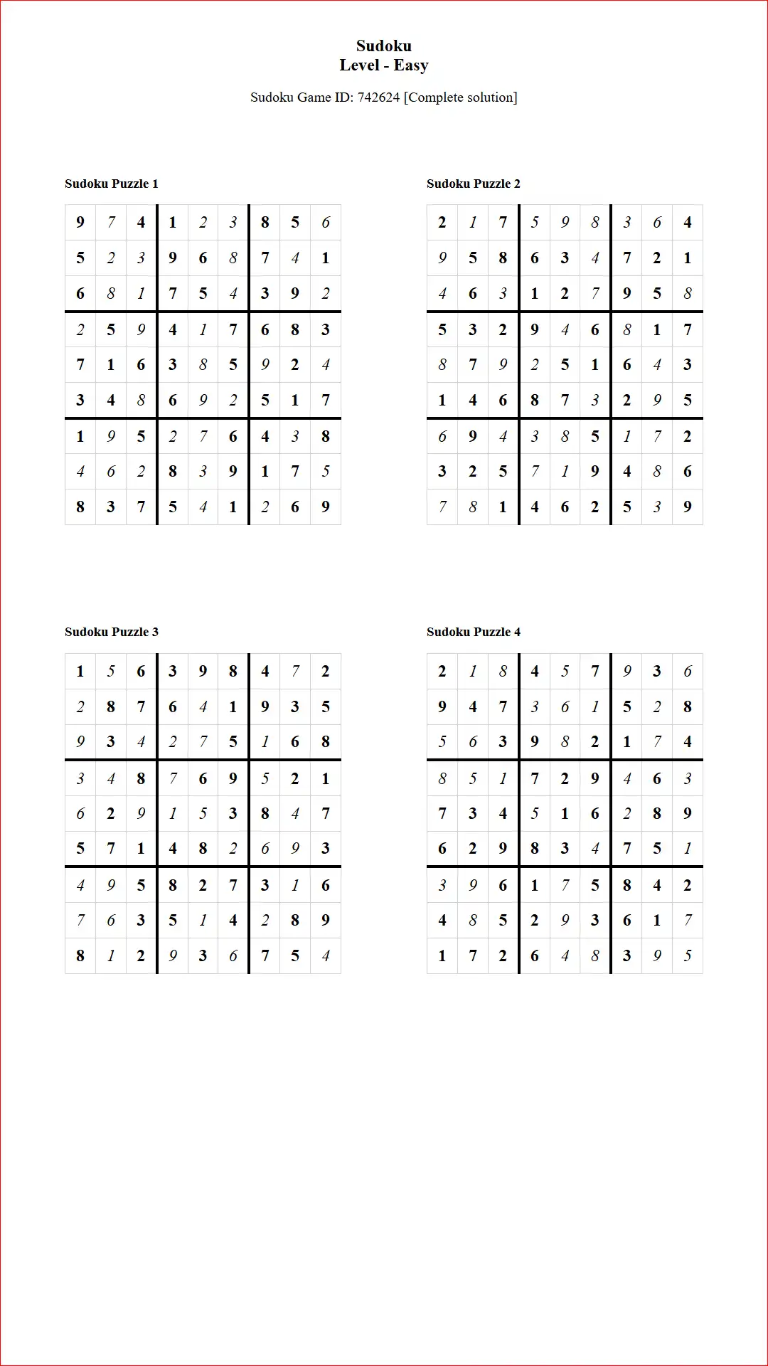Solution of Sudoku Puzzles 4 per Page Easy Level pdf [Game ID: 742624] Document