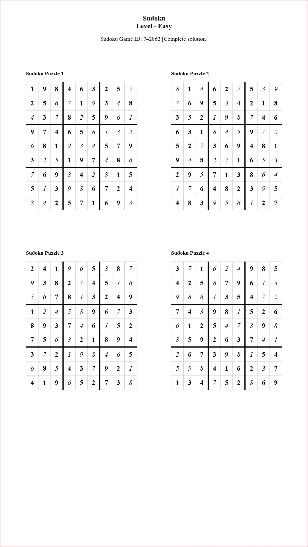 Solution of Sudoku Puzzles 4 per Page Easy Level pdf [Game ID: 742862] Document