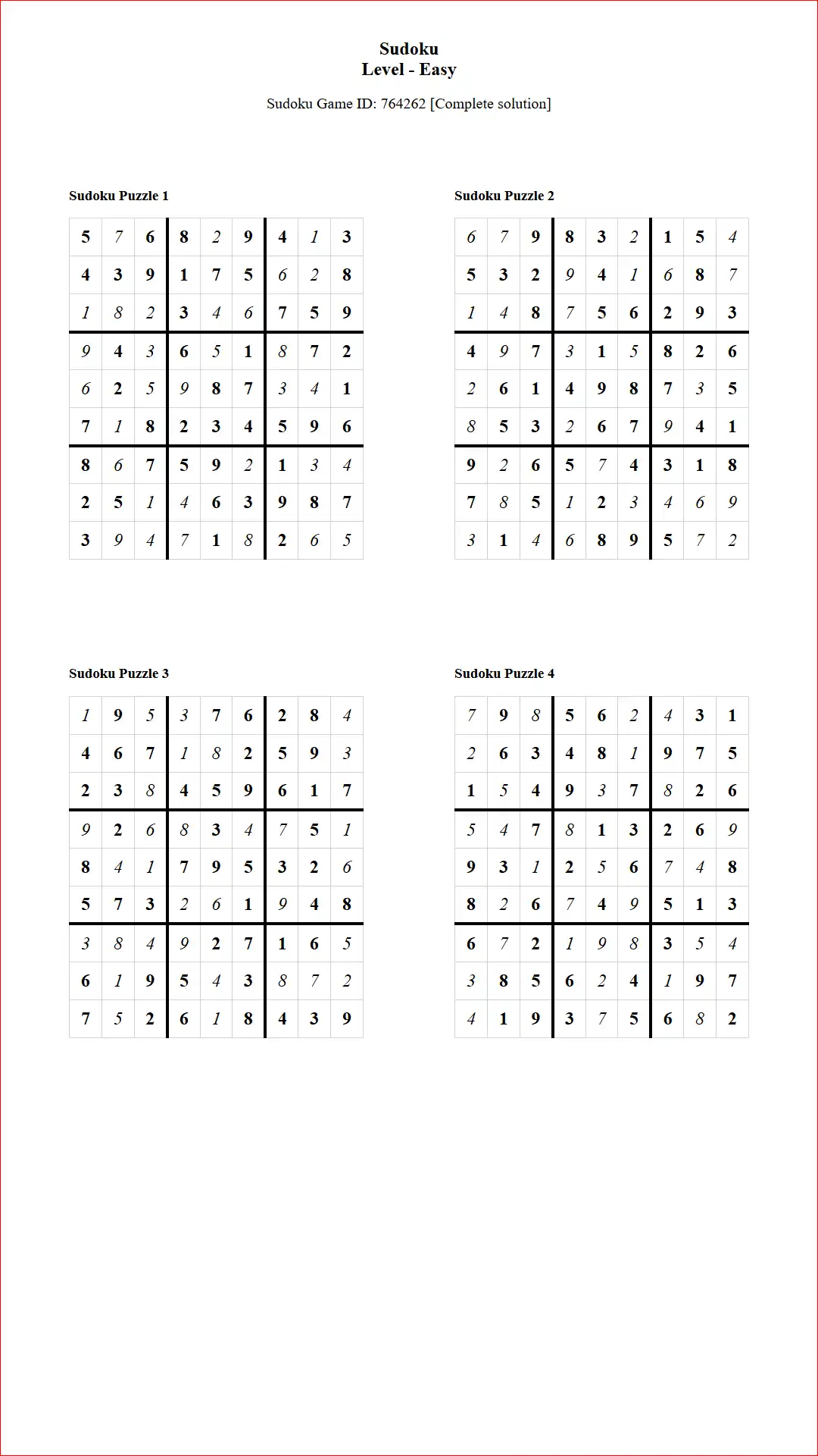 Solution of Sudoku Puzzles 4 per Page Easy Level pdf [Game ID: 764262] Document