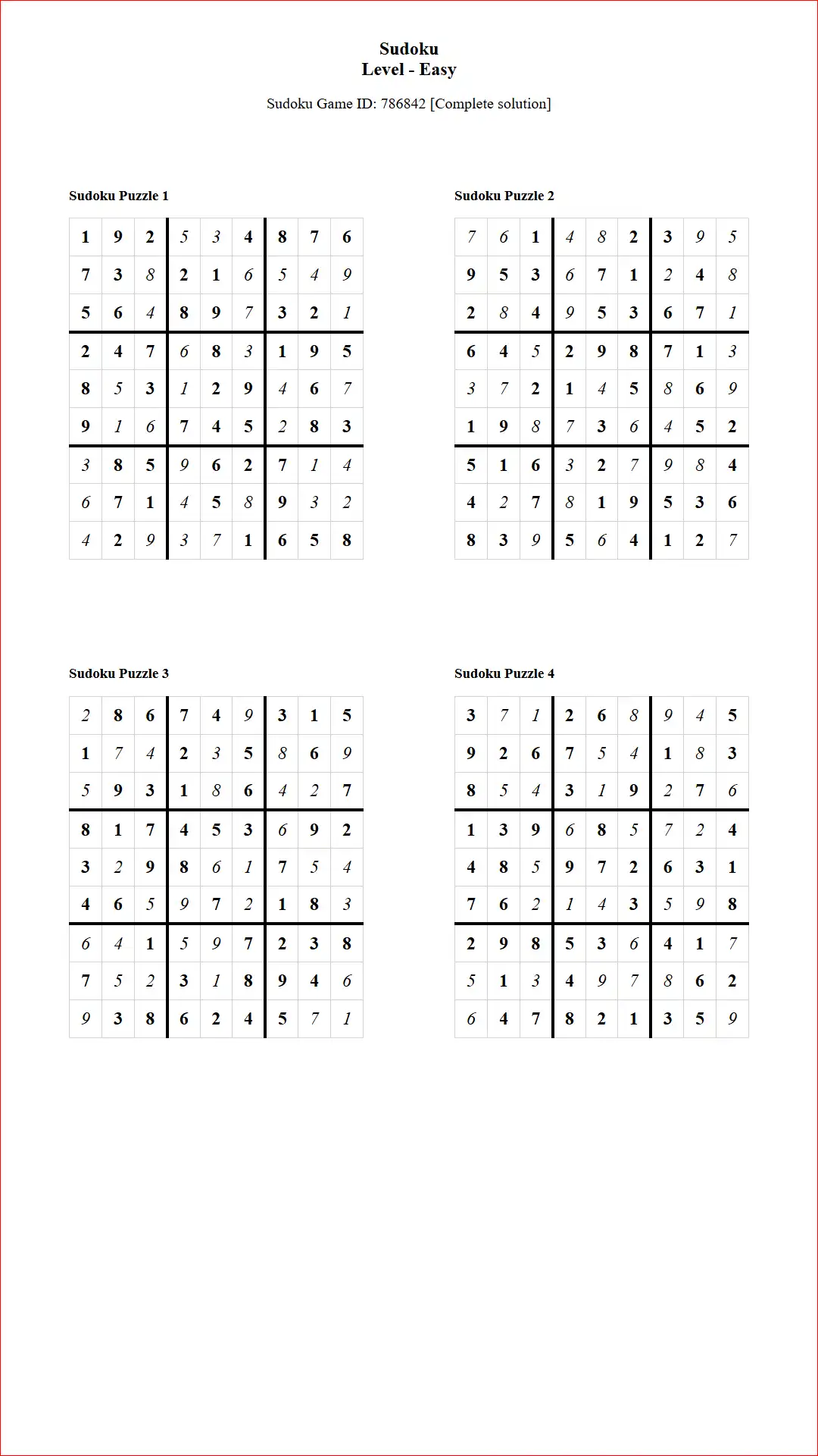 Solution of Sudoku Puzzles 4 per Page Easy Level pdf [Game ID: 786842] Document