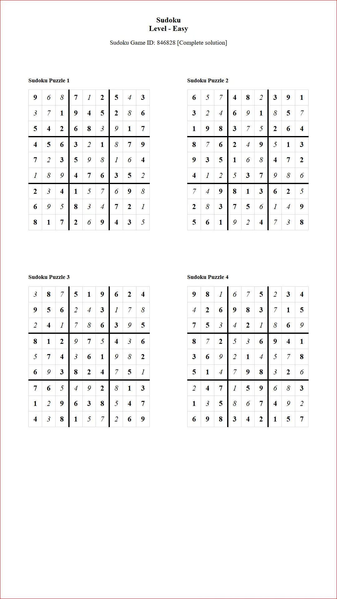 Solution of Sudoku Puzzles 4 per Page Easy Level pdf [Game ID: 846828] Document