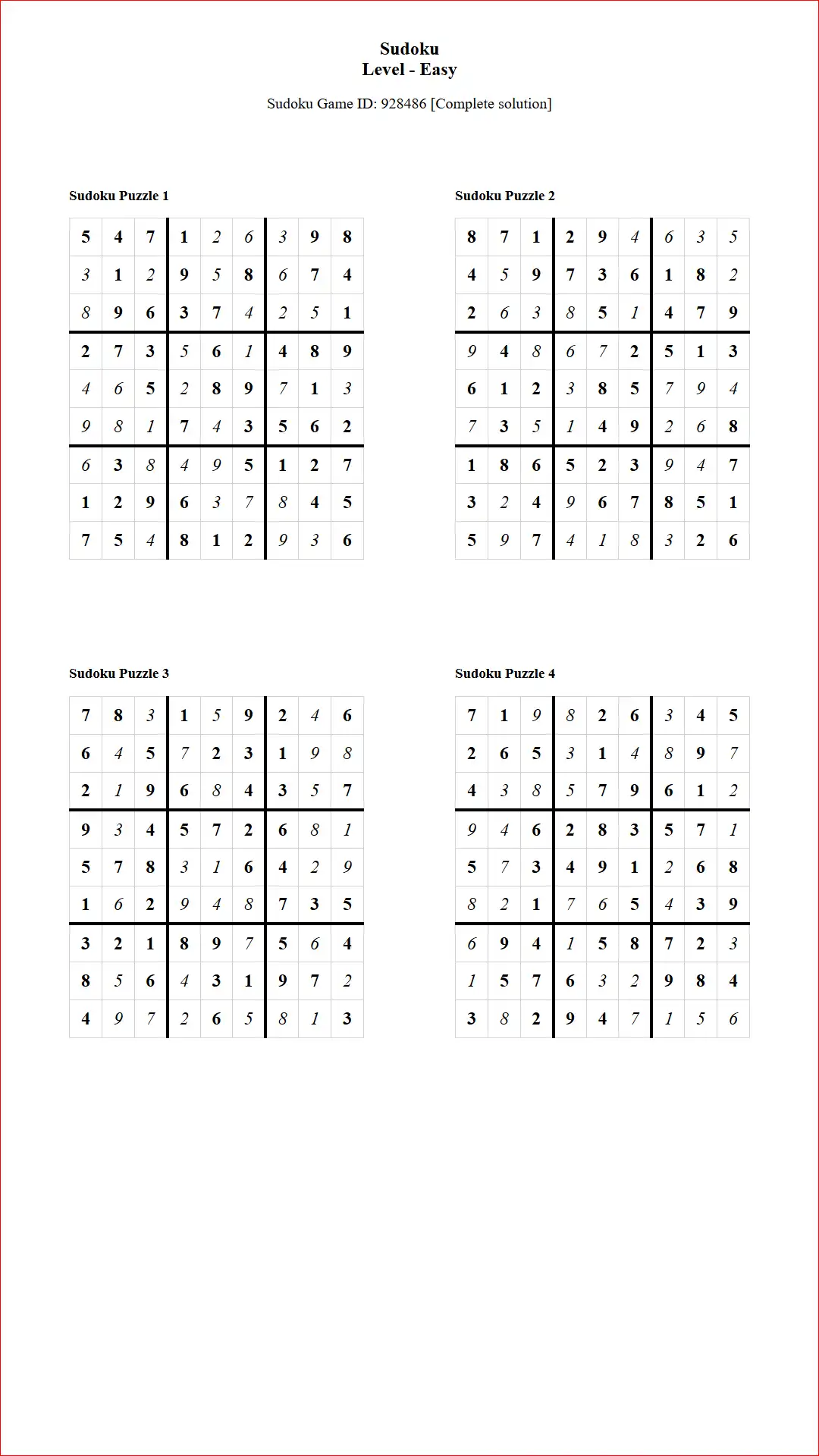 Solution of Sudoku Puzzles 4 per Page Easy Level pdf [Game ID: 928486] Document
