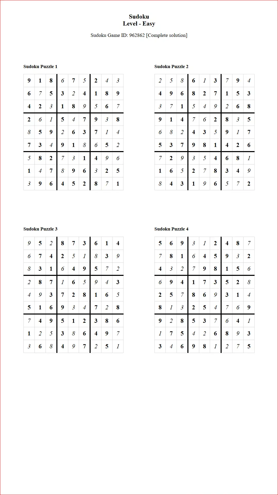Solution of Sudoku Puzzles 4 per Page Easy Level pdf [Game ID: 962862] Document
