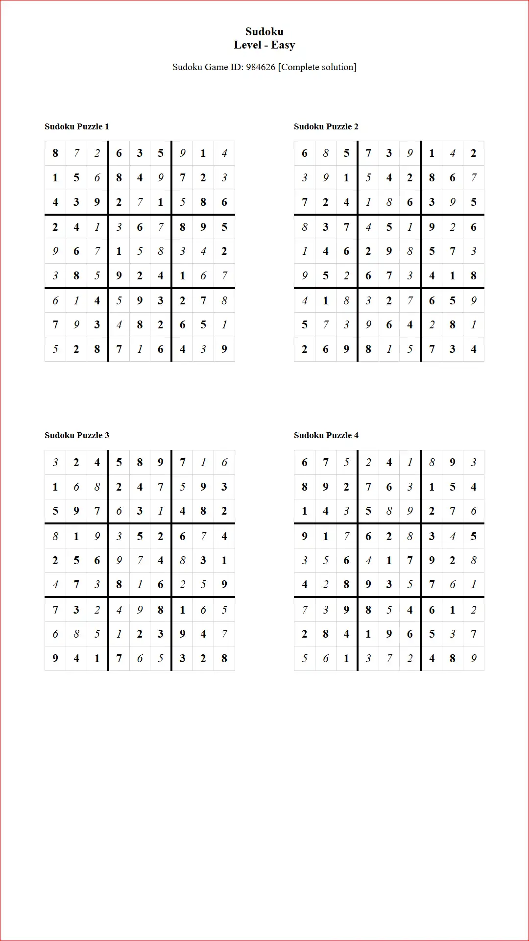 Solution of Sudoku Puzzles 4 per Page Easy Level pdf [Game ID: 984626] Document