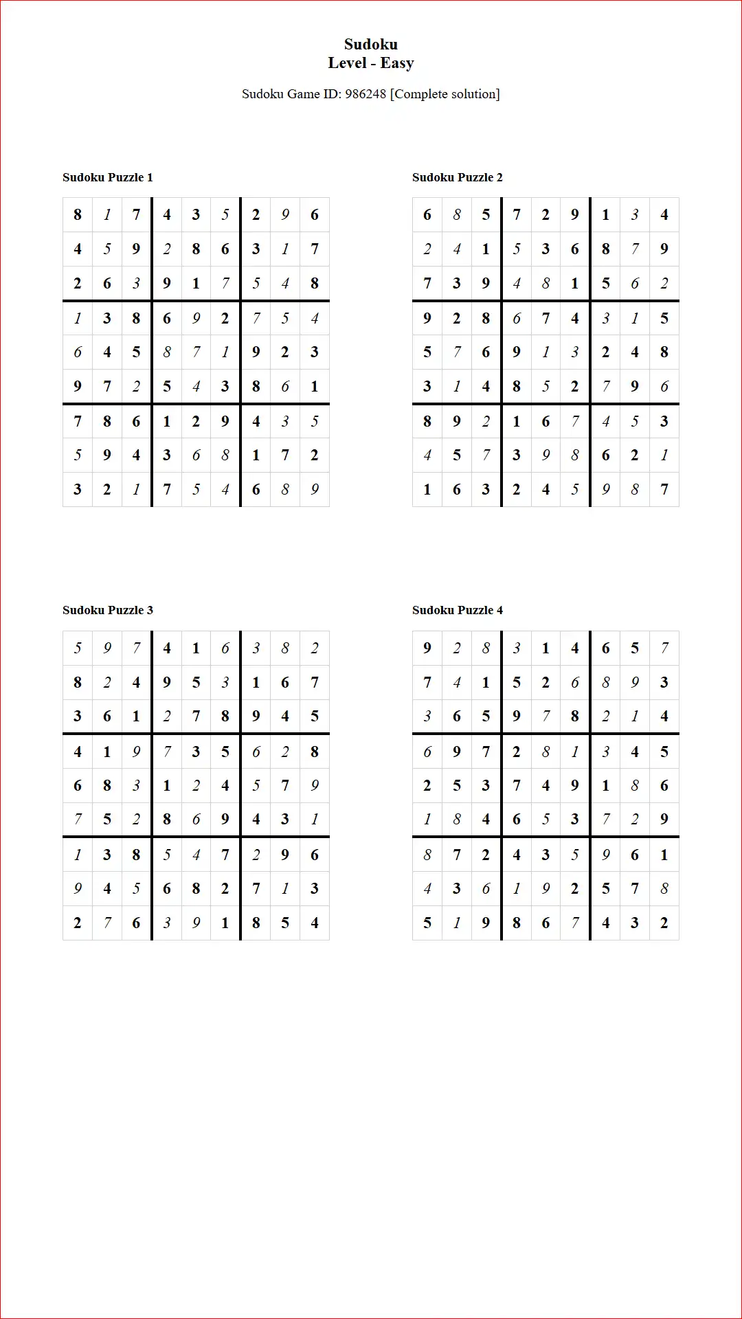 Solution of Sudoku Puzzles 4 per Page Easy Level pdf [Game ID: 986248] Document