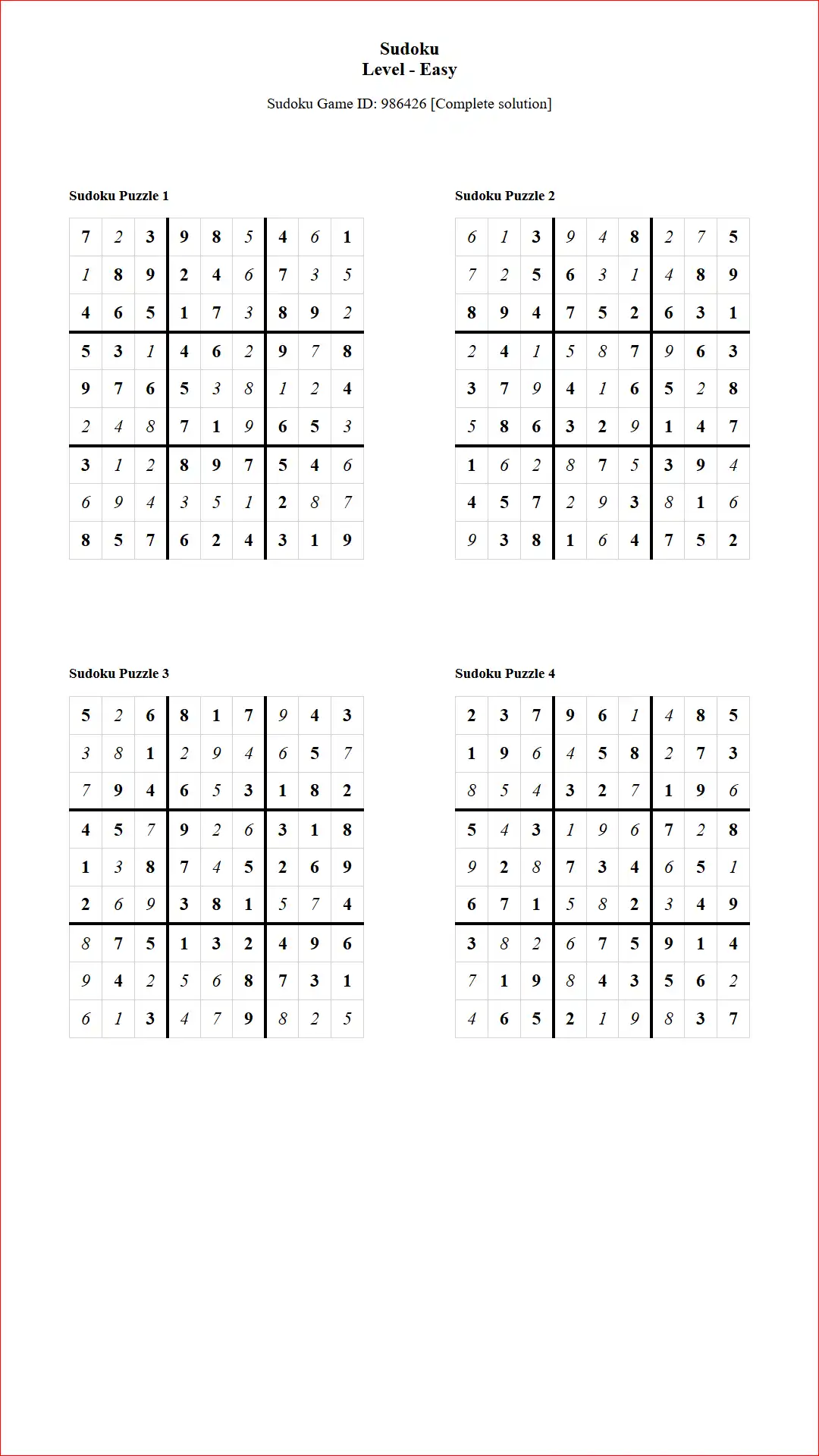 Solution of Sudoku Puzzles 4 per Page Easy Level pdf [Game ID: 986426] Document