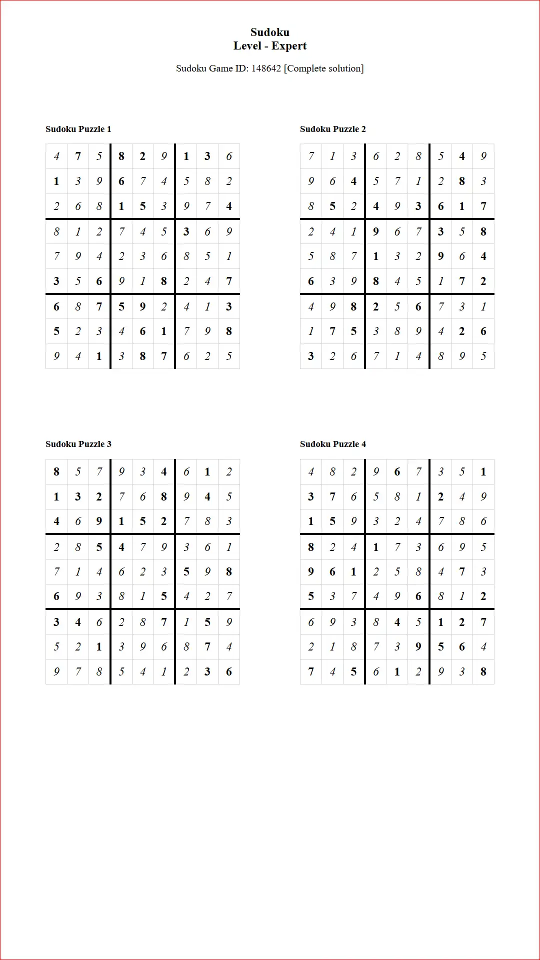 Solution of Sudoku Puzzles 4 per Page Expert Level pdf [Game ID: 148642] Document