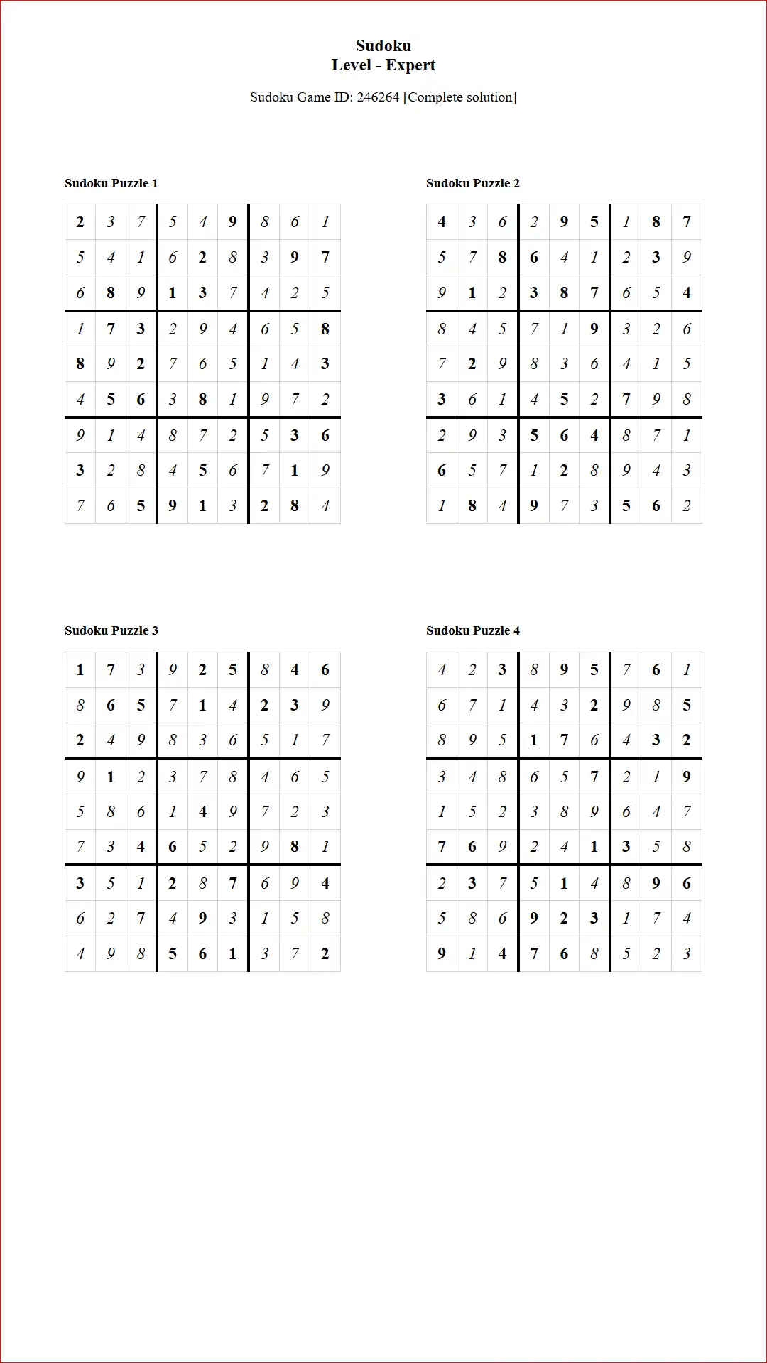 Solution of Sudoku Puzzles 4 per Page Expert Level pdf [Game ID: 246264] Document