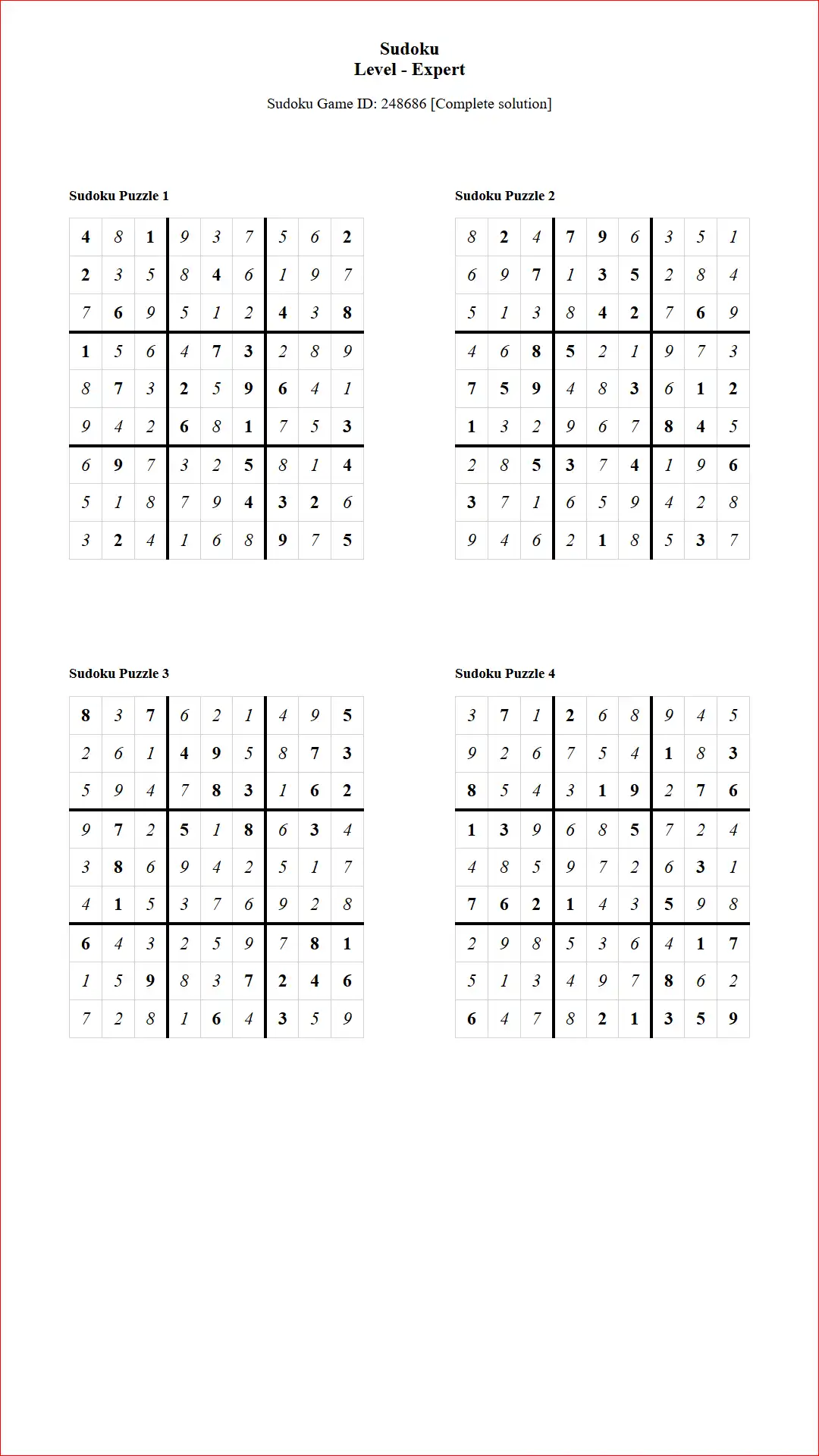 Solution of Sudoku Puzzles 4 per Page Expert Level pdf [Game ID: 248686] Document