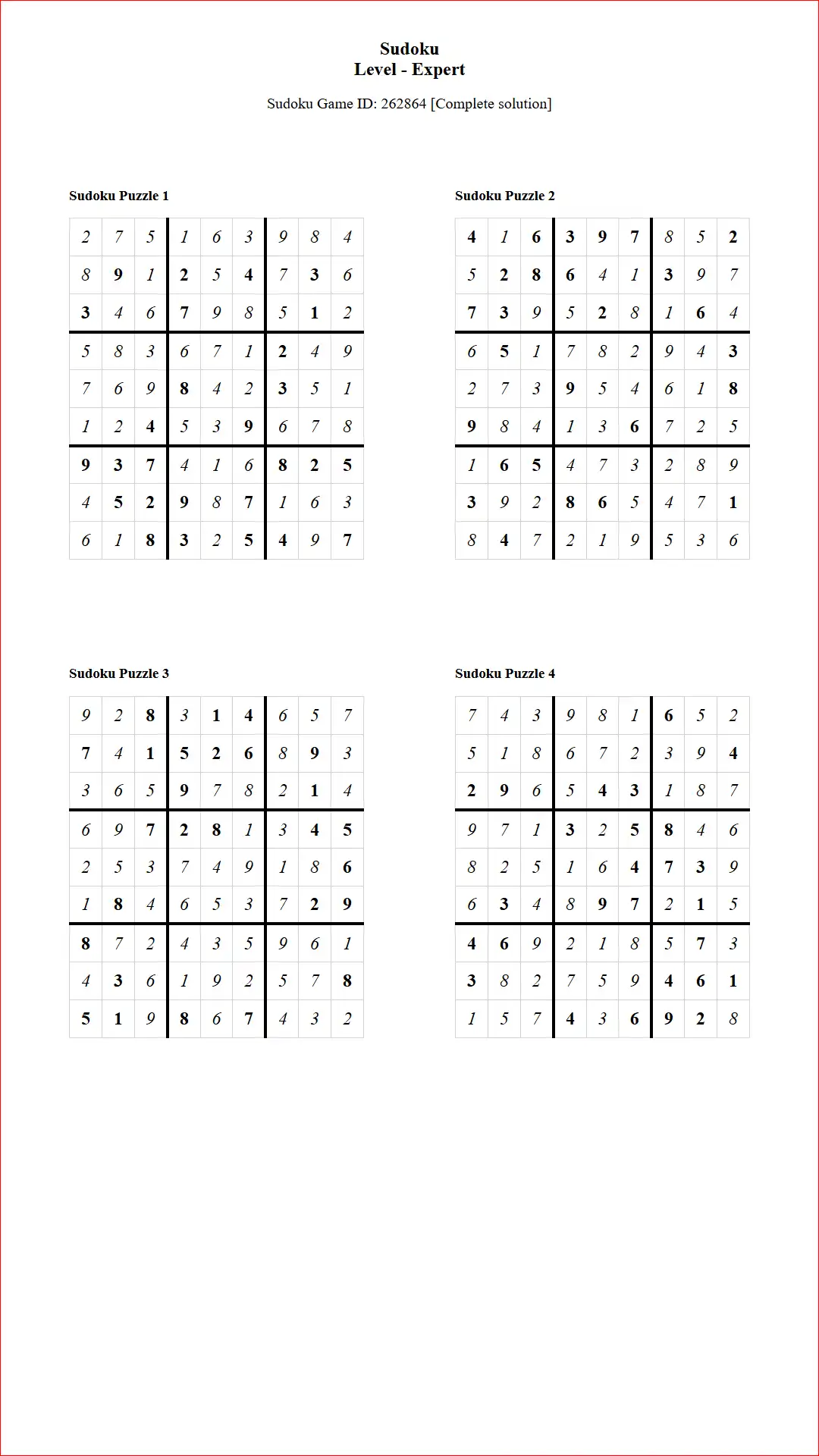 Solution of Sudoku Puzzles 4 per Page Expert Level pdf [Game ID: 262864] Document