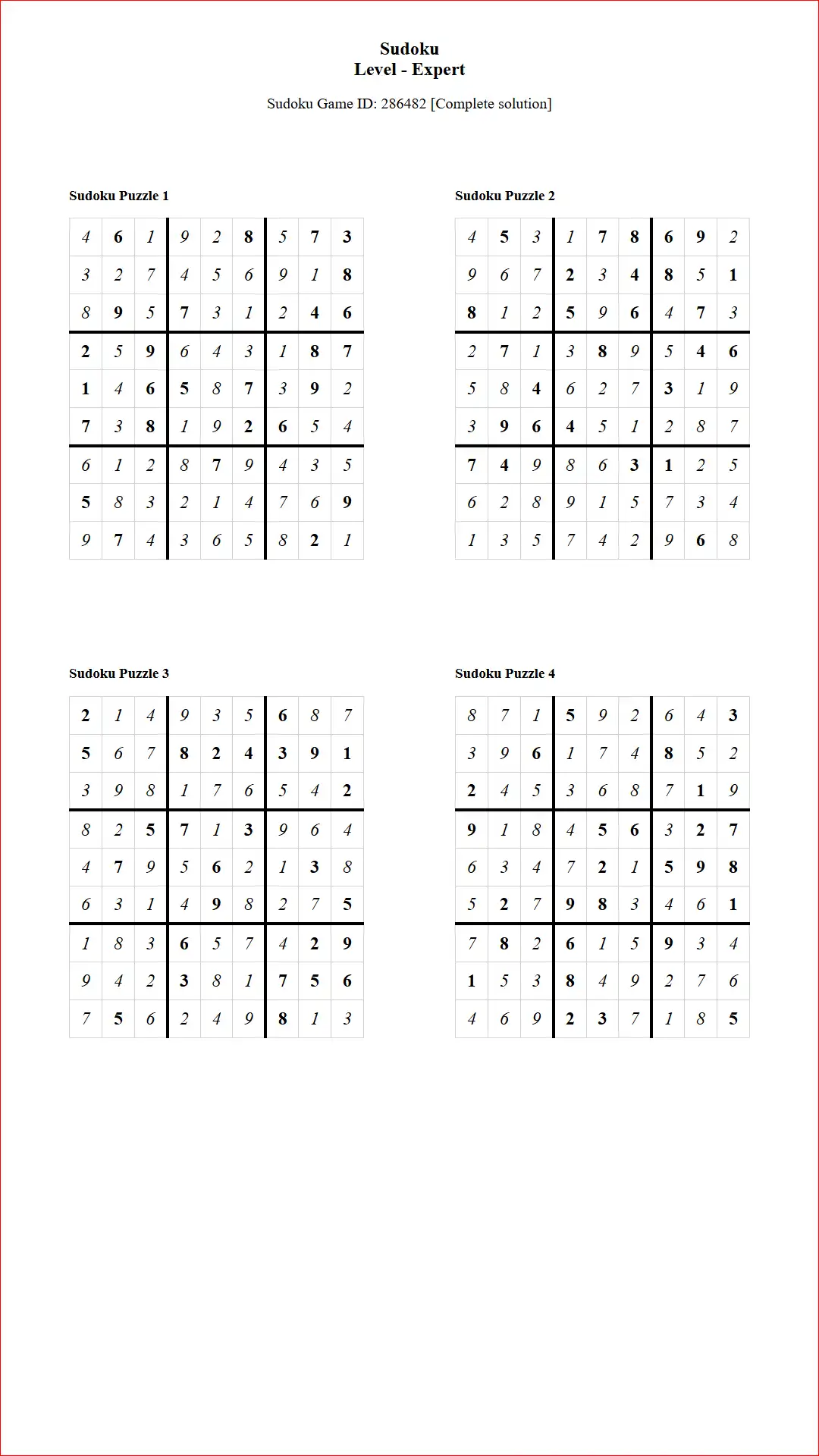 Solution of Sudoku Puzzles 4 per Page Expert Level pdf [Game ID: 286482] Document