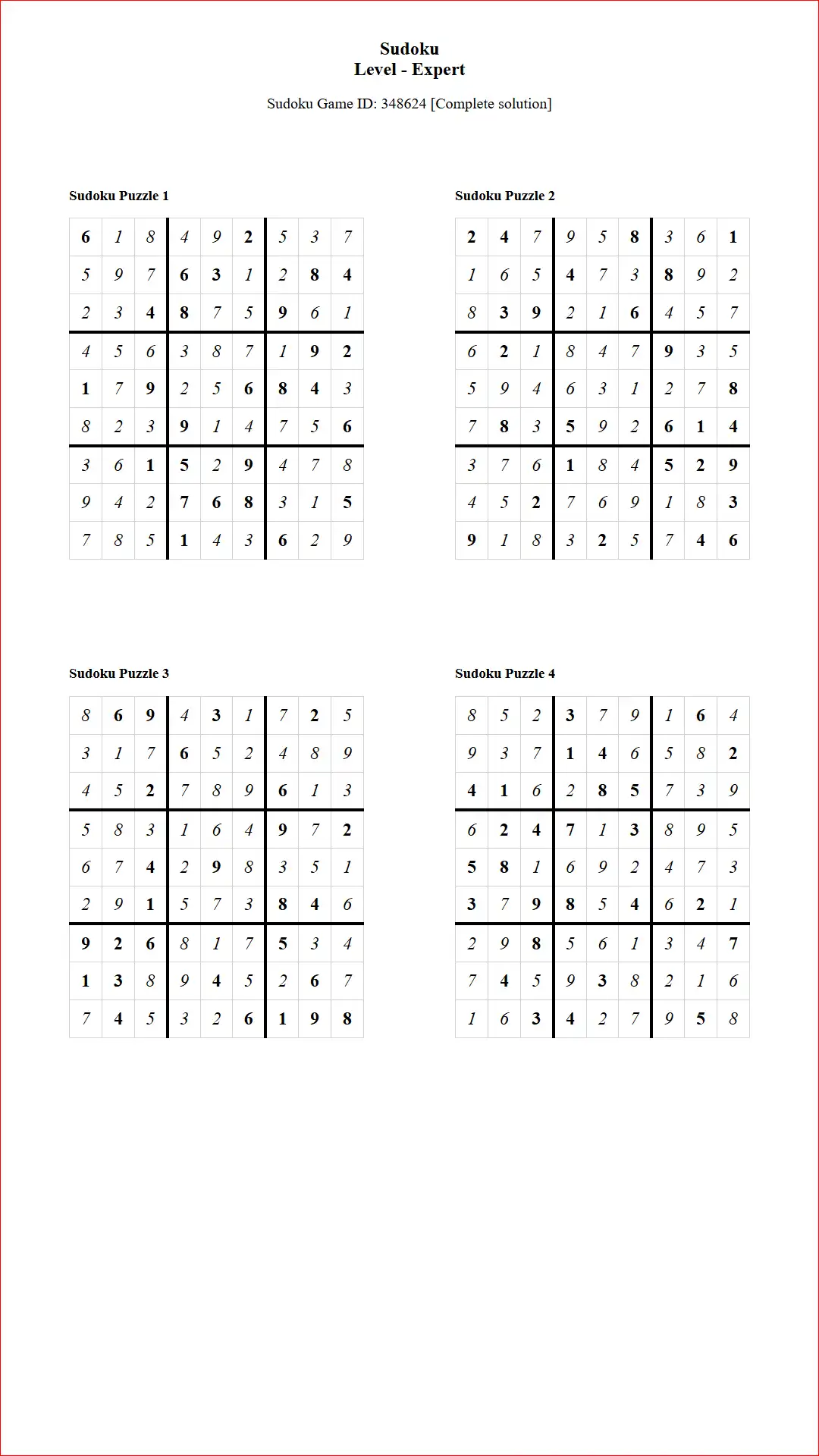 Solution of Sudoku Puzzles 4 per Page Expert Level pdf [Game ID: 348624] Document