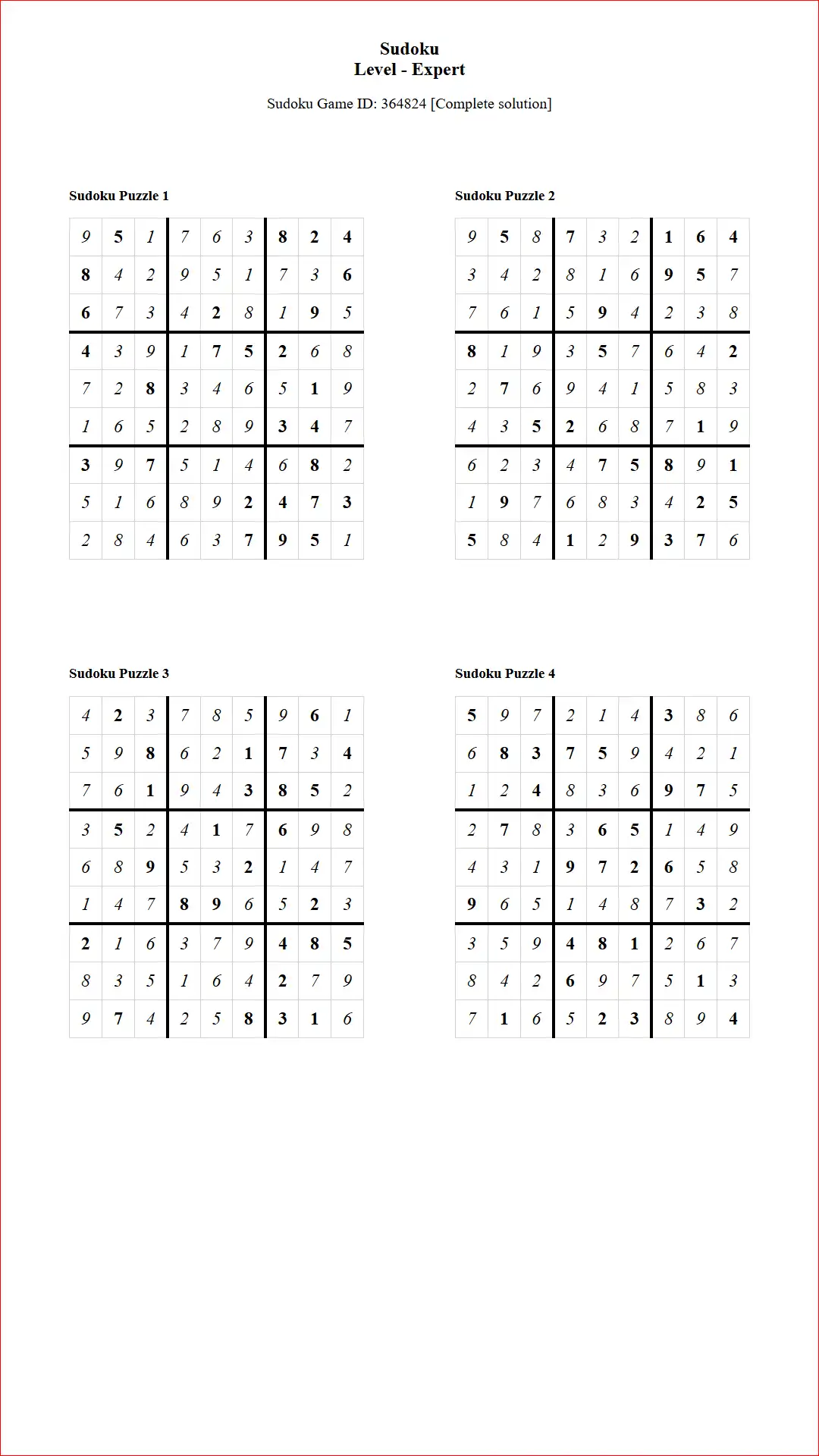 Solution of Sudoku Puzzles 4 per Page Expert Level pdf [Game ID: 364824] Document