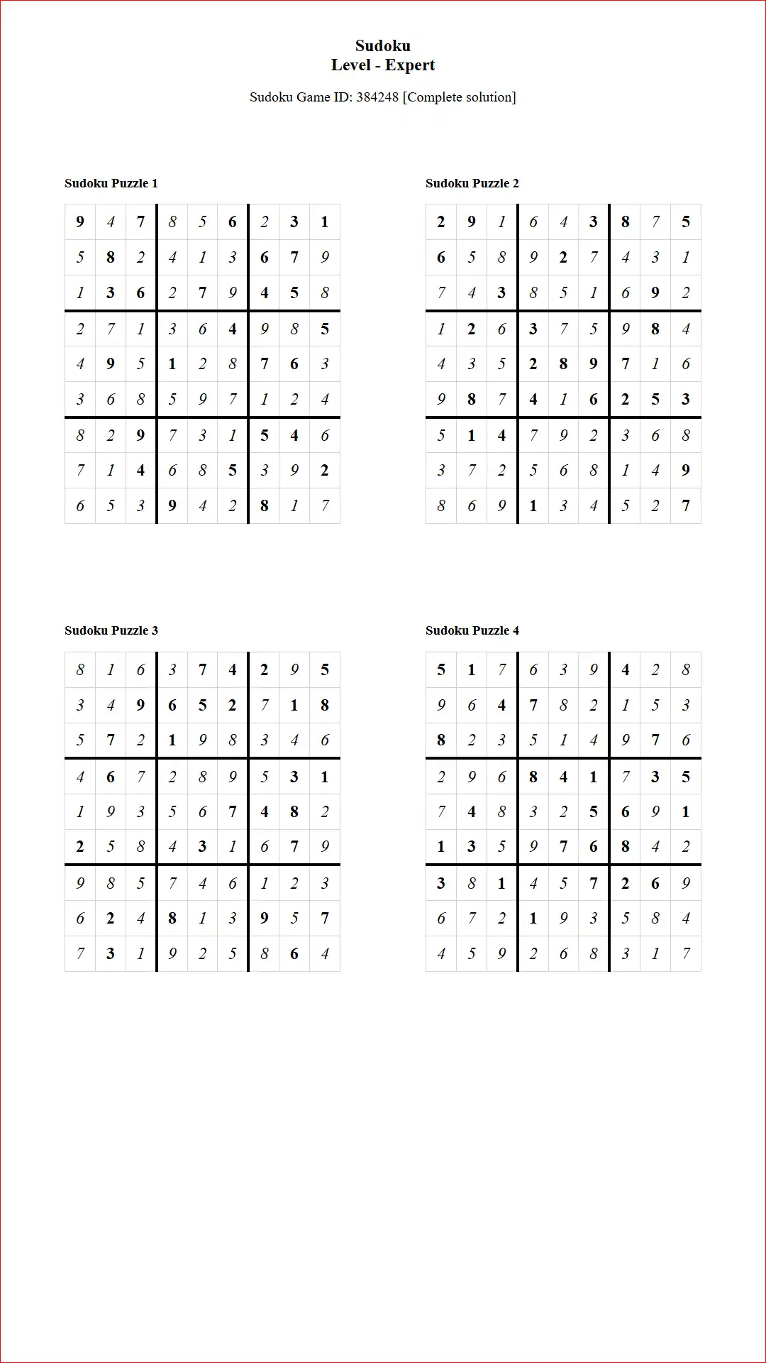 Solution of Sudoku Puzzles 4 per Page Expert Level pdf [Game ID: 384248] Document