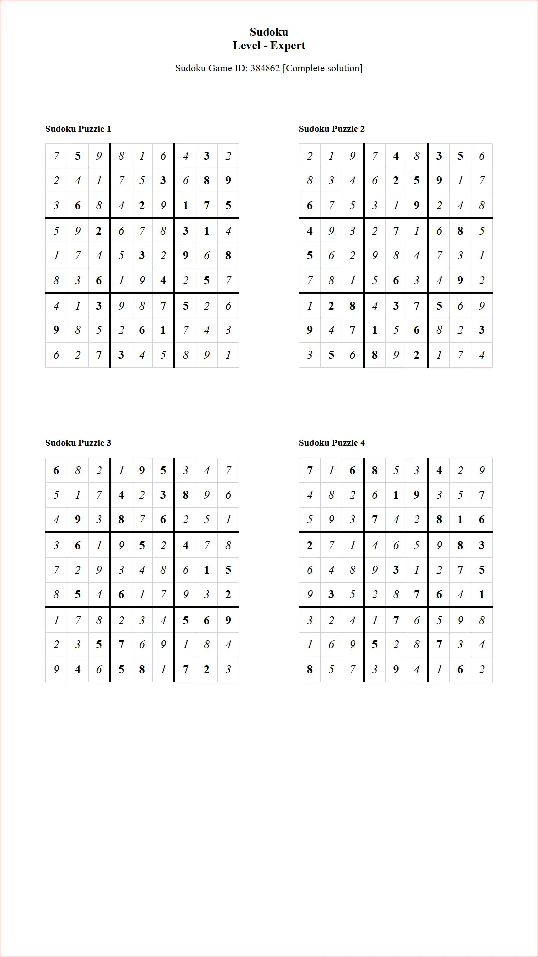 Solution of Sudoku Puzzles 4 per Page Expert Level pdf [Game ID: 384862] Document