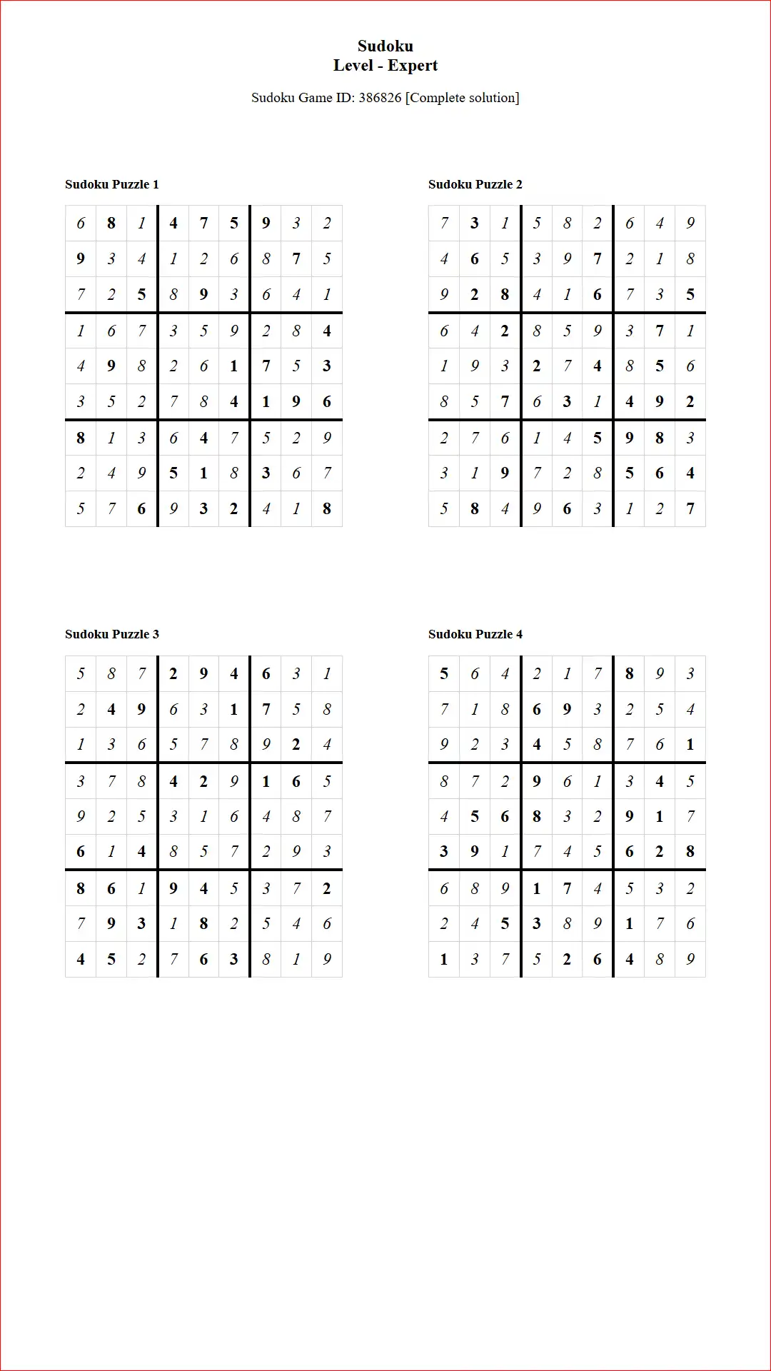 Solution of Sudoku Puzzles 4 per Page Expert Level pdf [Game ID: 386826] Document