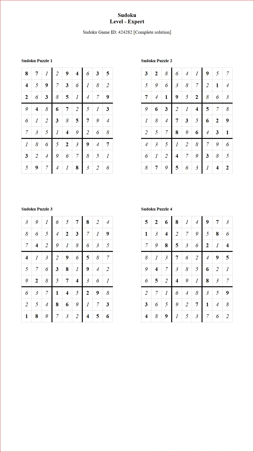 Solution of Sudoku Puzzles 4 per Page Expert Level pdf [Game ID: 424282] Document