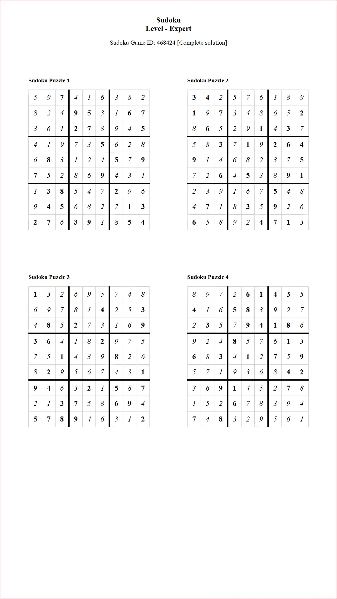 Solution of Sudoku Puzzles 4 per Page Expert Level pdf [Game ID: 468424] Document
