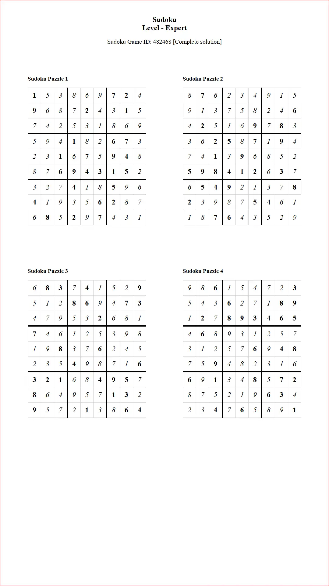 Solution of Sudoku Puzzles 4 per Page Expert Level pdf [Game ID: 482468] Document