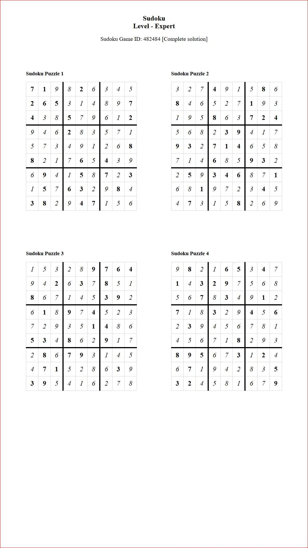 Solution of Sudoku Puzzles 4 per Page Expert Level pdf [Game ID: 482484] Document