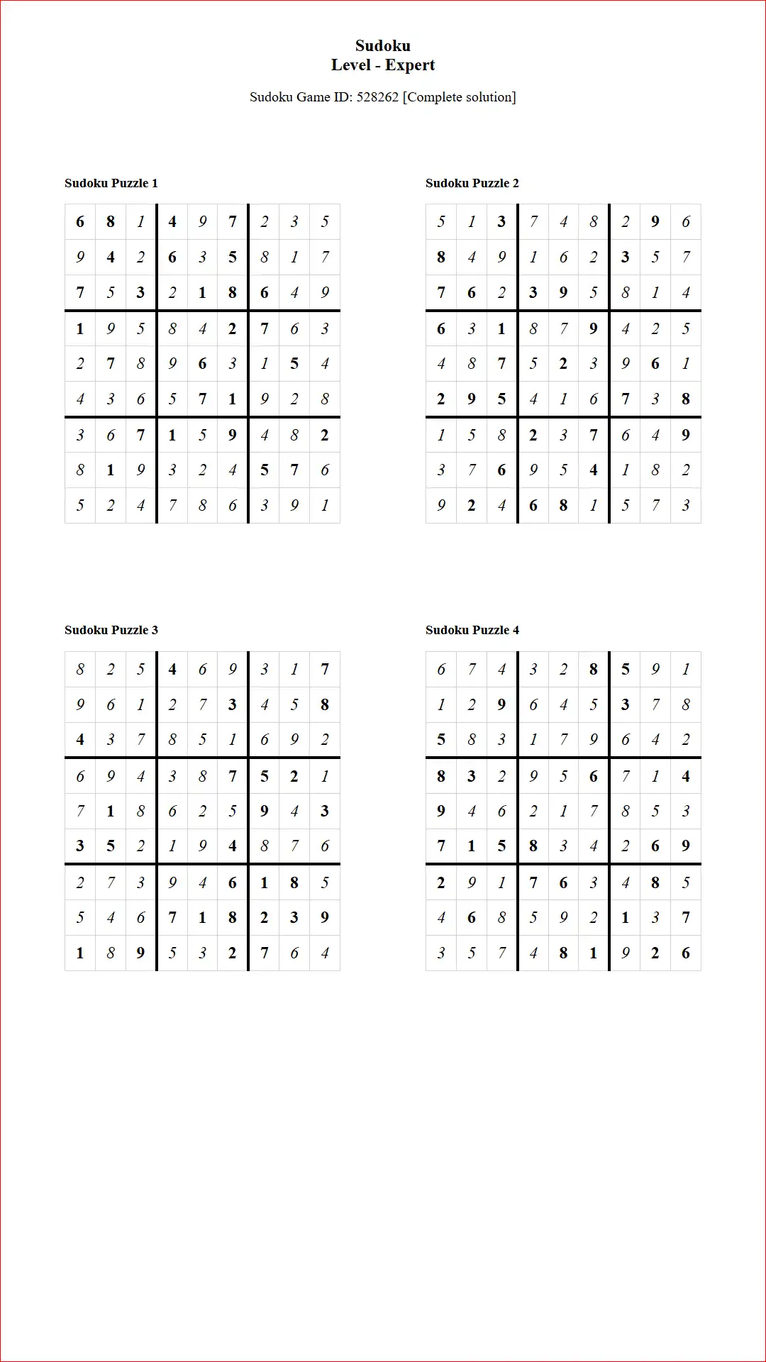 Solution of Sudoku Puzzles 4 per Page Expert Level pdf [Game ID: 528262] Document