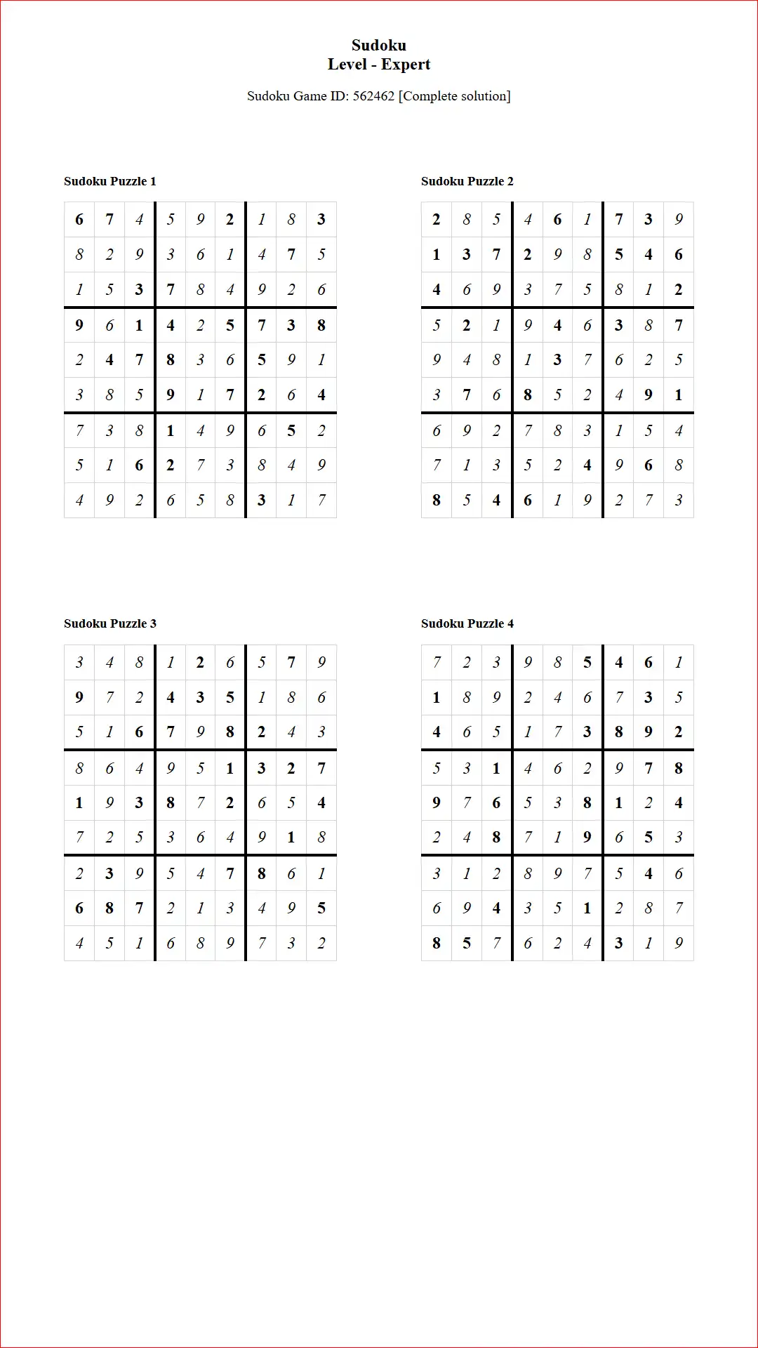 Solution of Sudoku Puzzles 4 per Page Expert Level pdf [Game ID: 562462] Document