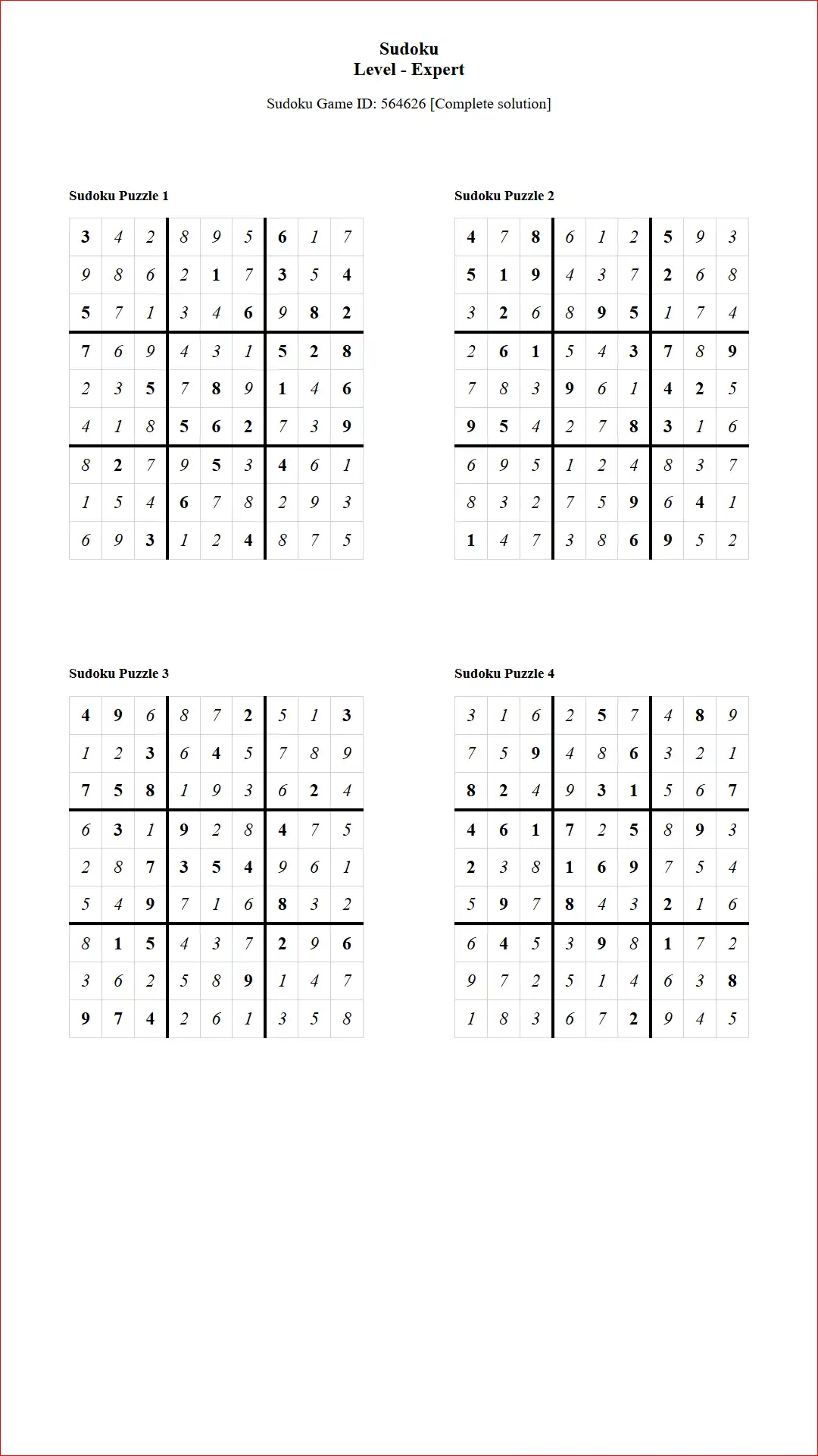Solution of Sudoku Puzzles 4 per Page Expert Level pdf [Game ID: 564626] Document