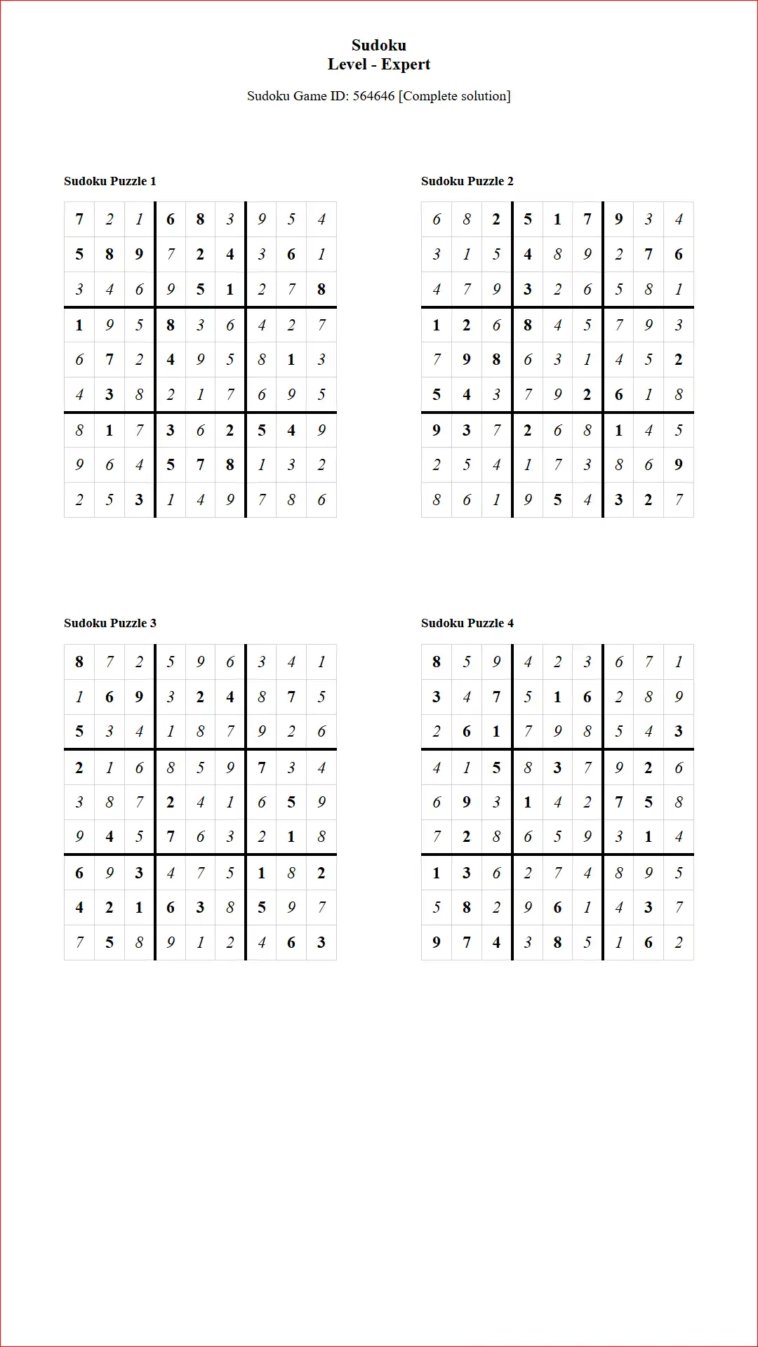 Solution of Sudoku Puzzles 4 per Page Expert Level pdf [Game ID: 564646] Document