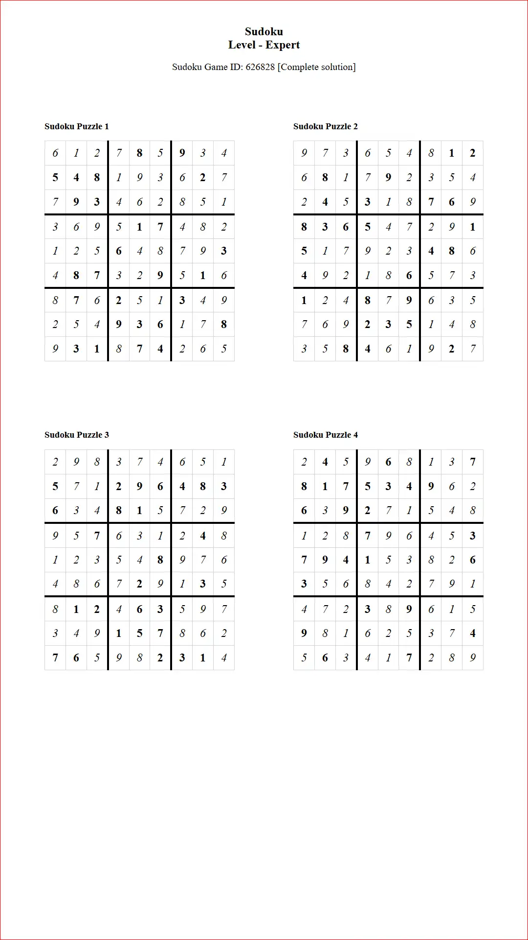 Solution of Sudoku Puzzles 4 per Page Expert Level pdf [Game ID: 626828] Document
