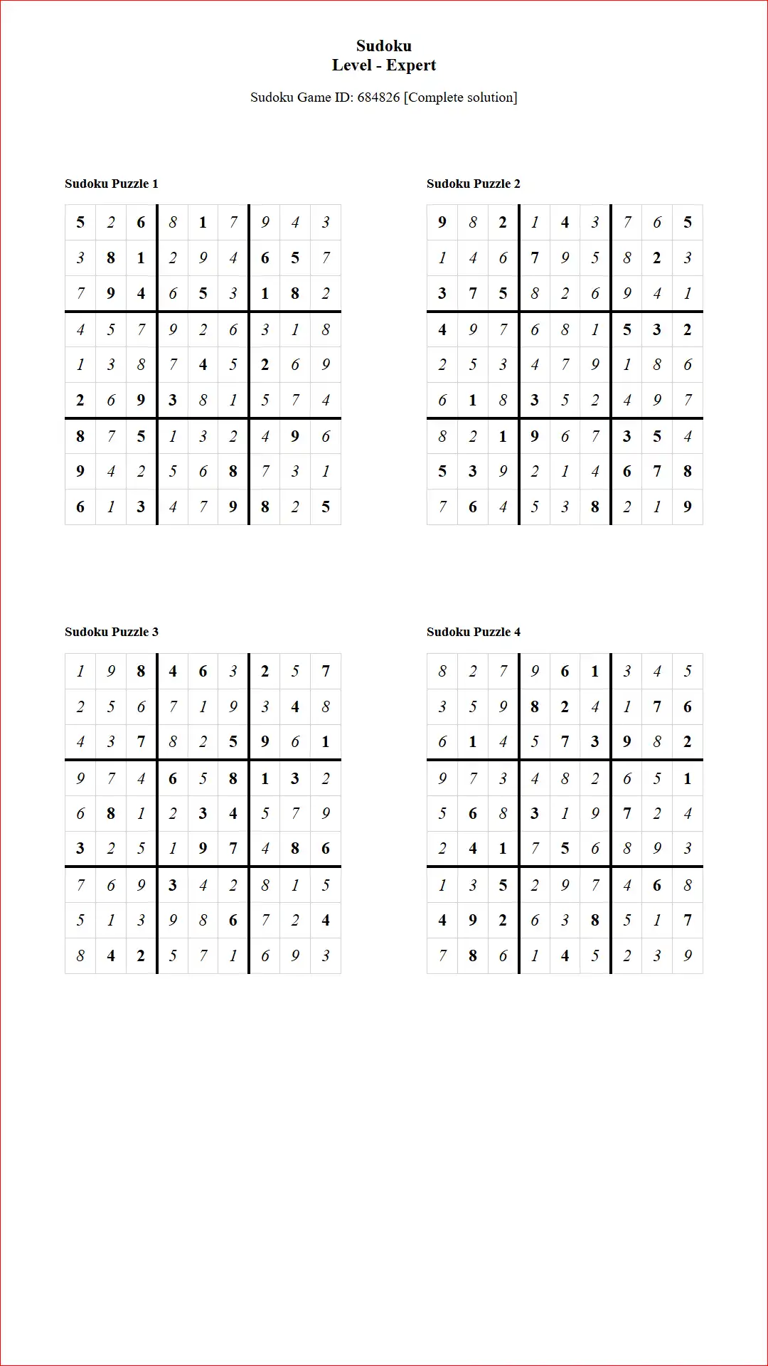 Solution of Sudoku Puzzles 4 per Page Expert Level pdf [Game ID: 684826] Document